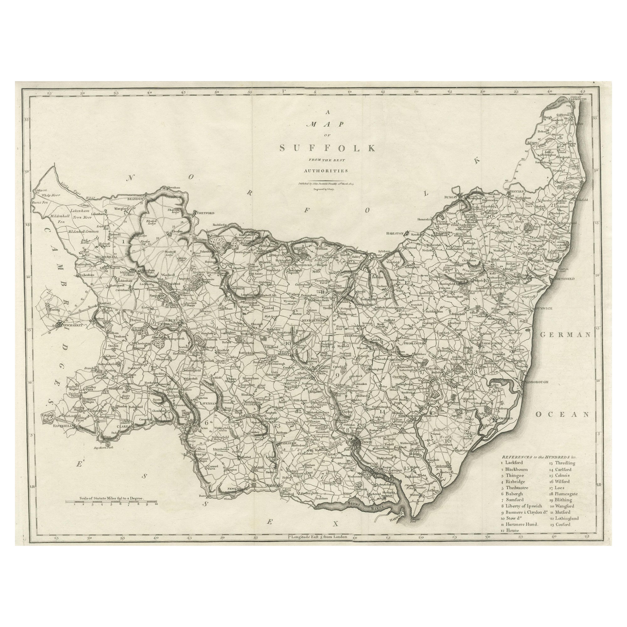 Grande mappa antica della contea di Suffolk, Inghilterra