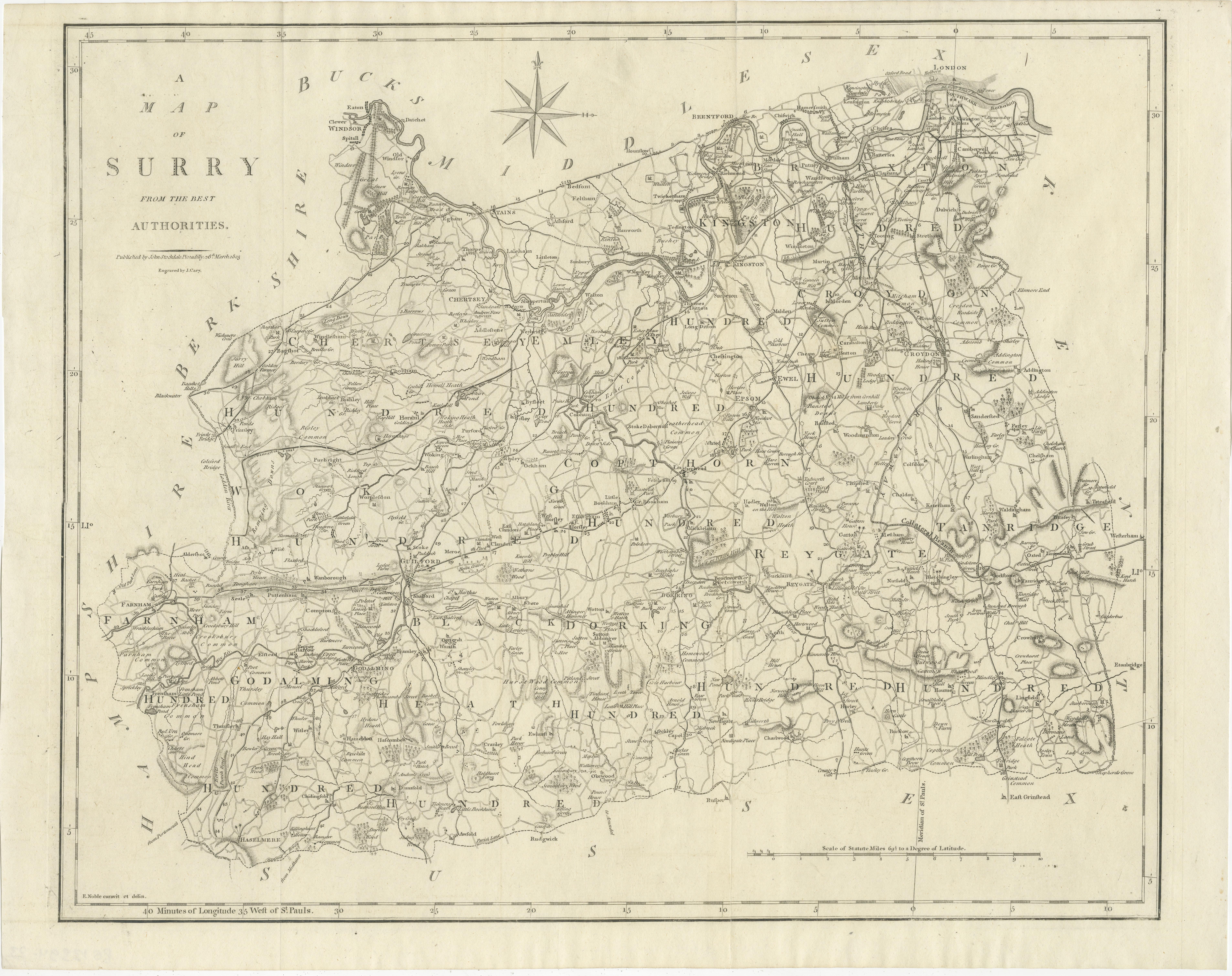 Antique map titled 'A Map of Surry from the best Authorities'. Original old county map of Surrey, England. Engraved by John Cary. Originates from 'New British Atlas' by John Stockdale, published 1805. 

John Cary (1755-1835) was a British