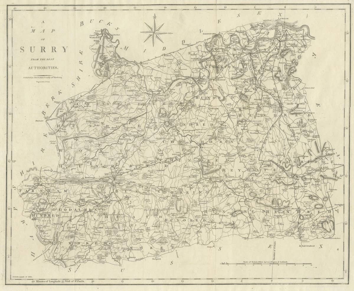 Large Antique County Map of Surrey, England