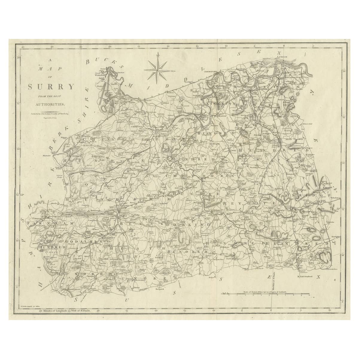 Large Antique County Map of Surrey, England