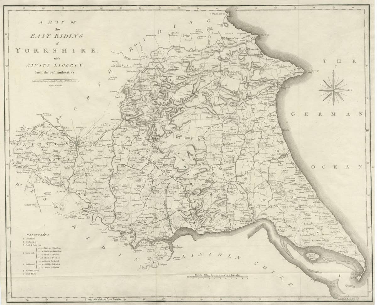 Large Antique County Map of the East Riding of Yorkshire, England
