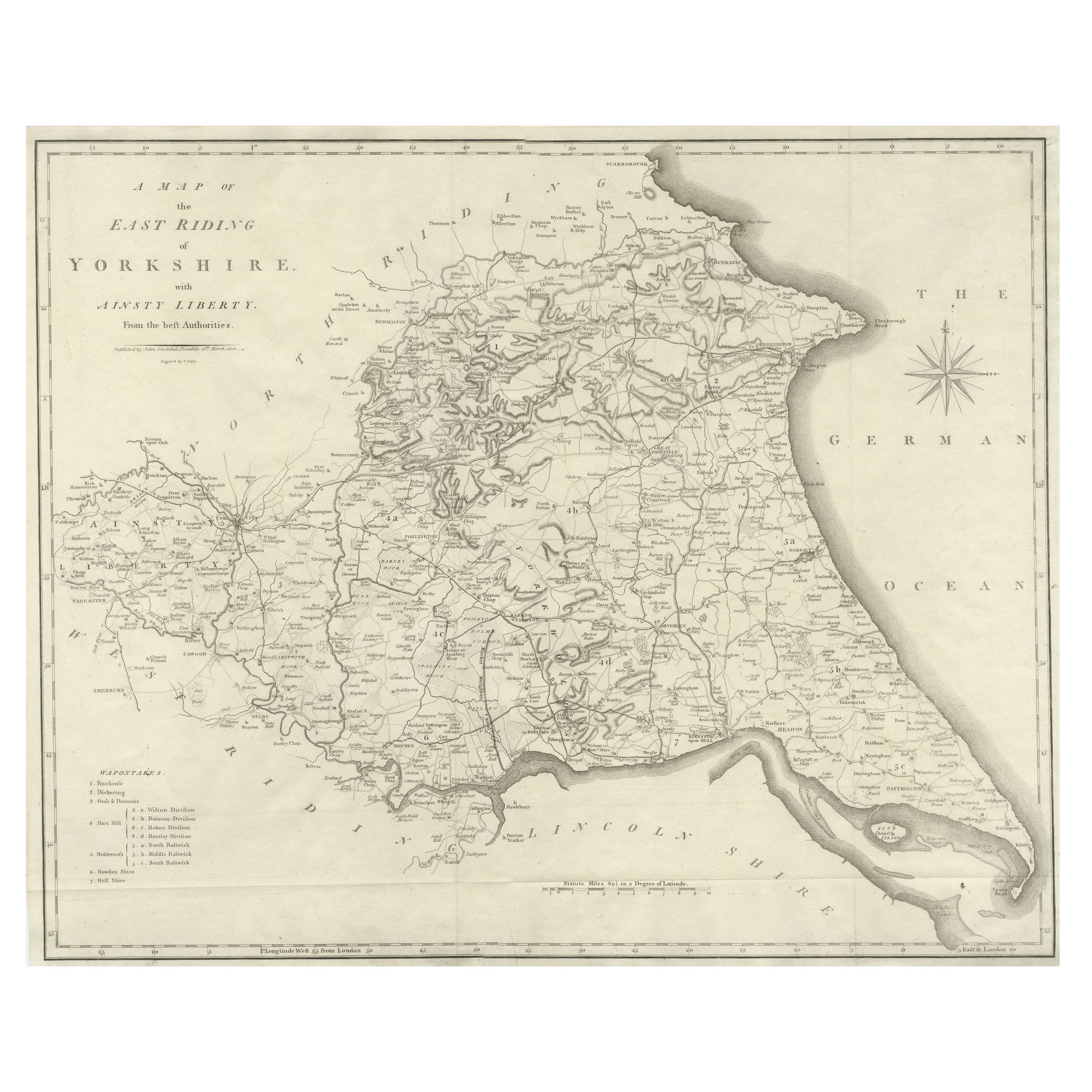 Grande mappa antica della contea di East Riding of Yorkshire, Inghilterra