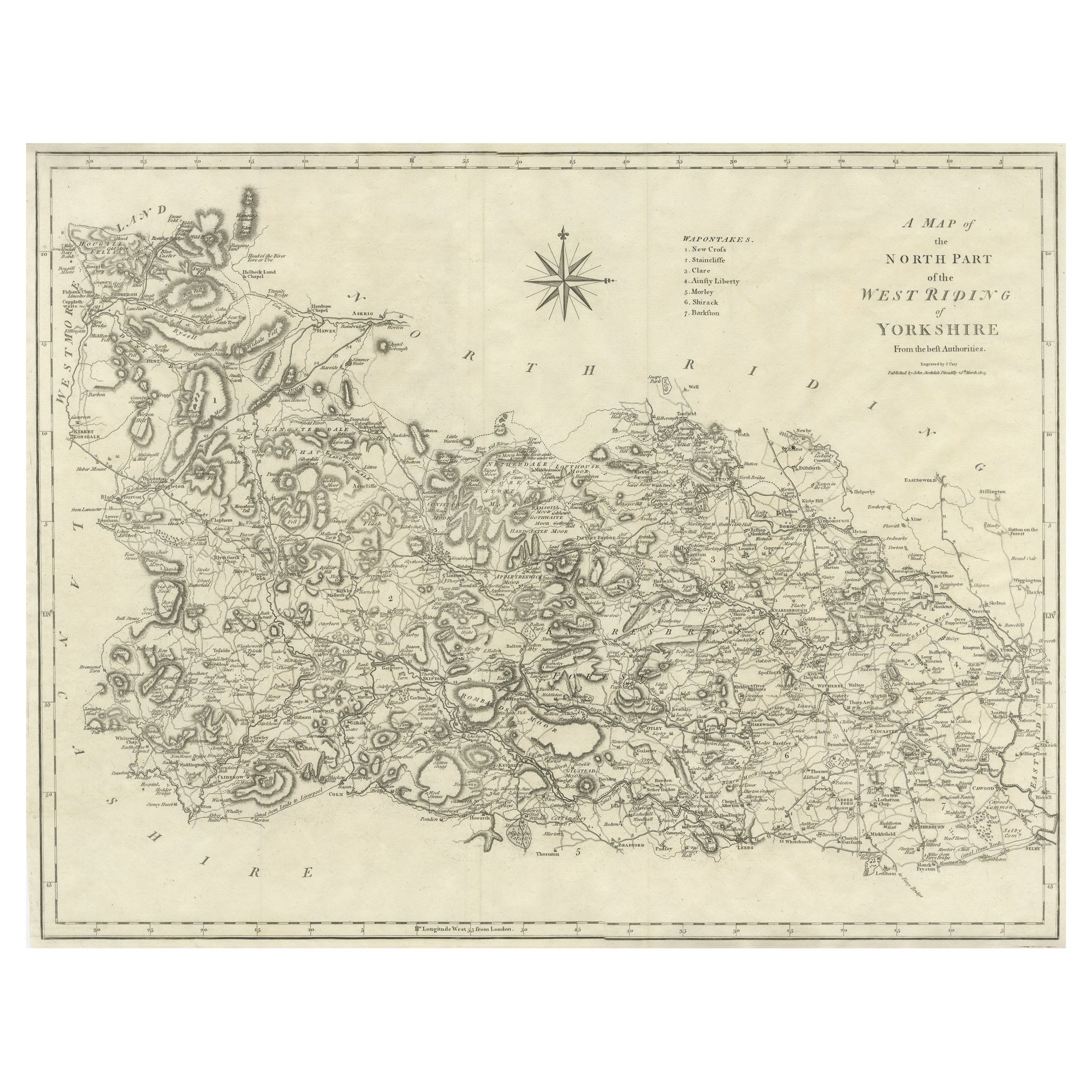 Grande mappa antica della contea di West Riding of Yorkshire (parte nord), Inghilterra