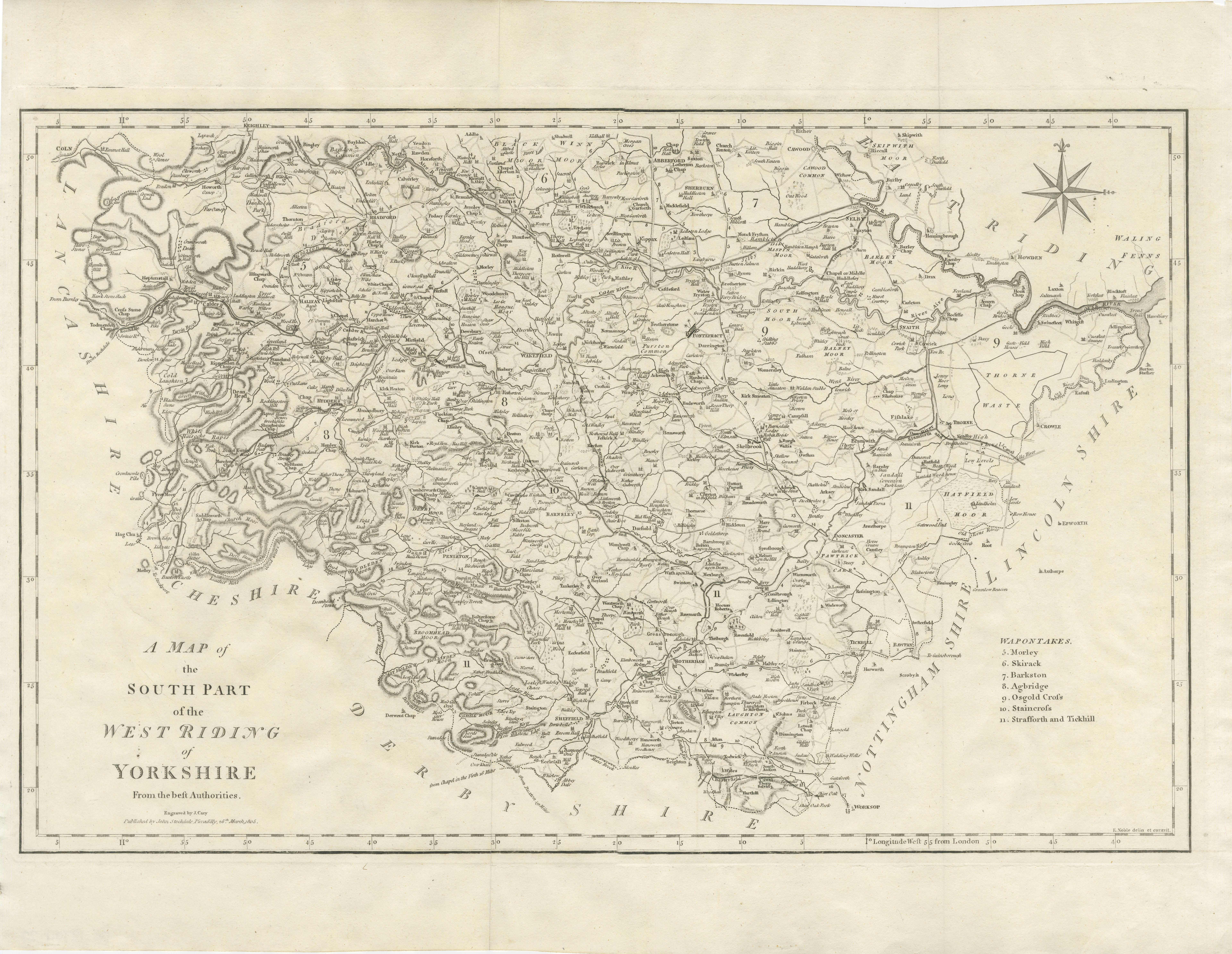 Antique map titled 'A Map of the South Part of the West Riding of Yorkshire from the best Authorities'. Original old county map of the south part of the West Riding of Yorkshire, England. Engraved by John Cary. Originates from 'New British Atlas' by