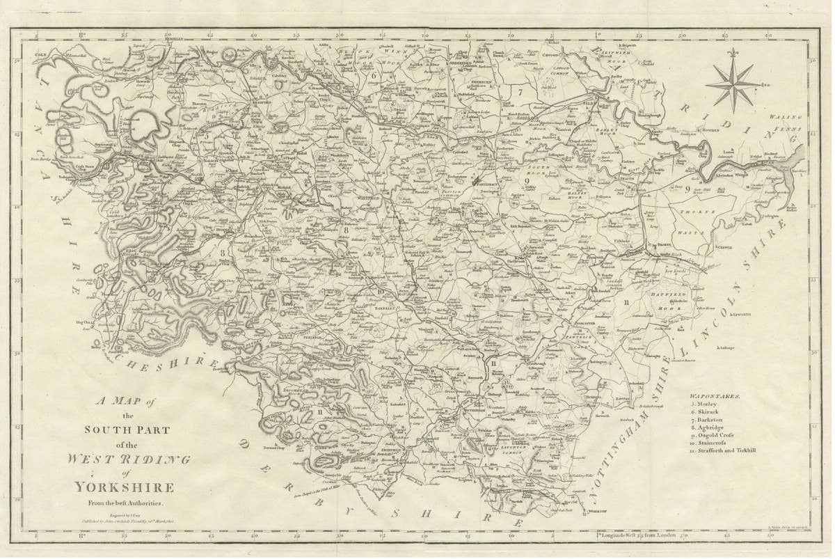 Large Antique County Map of the West Riding of Yorkshire 'South Part', England