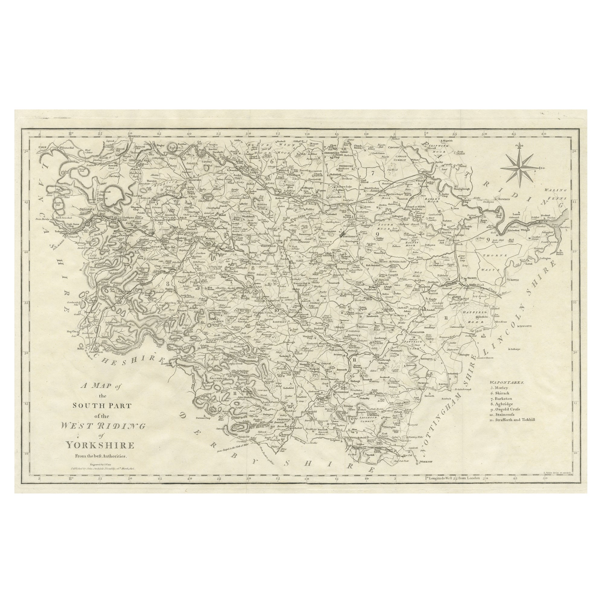 Grande mappa antica della contea di West Riding of Yorkshire "South Part", Inghilterra