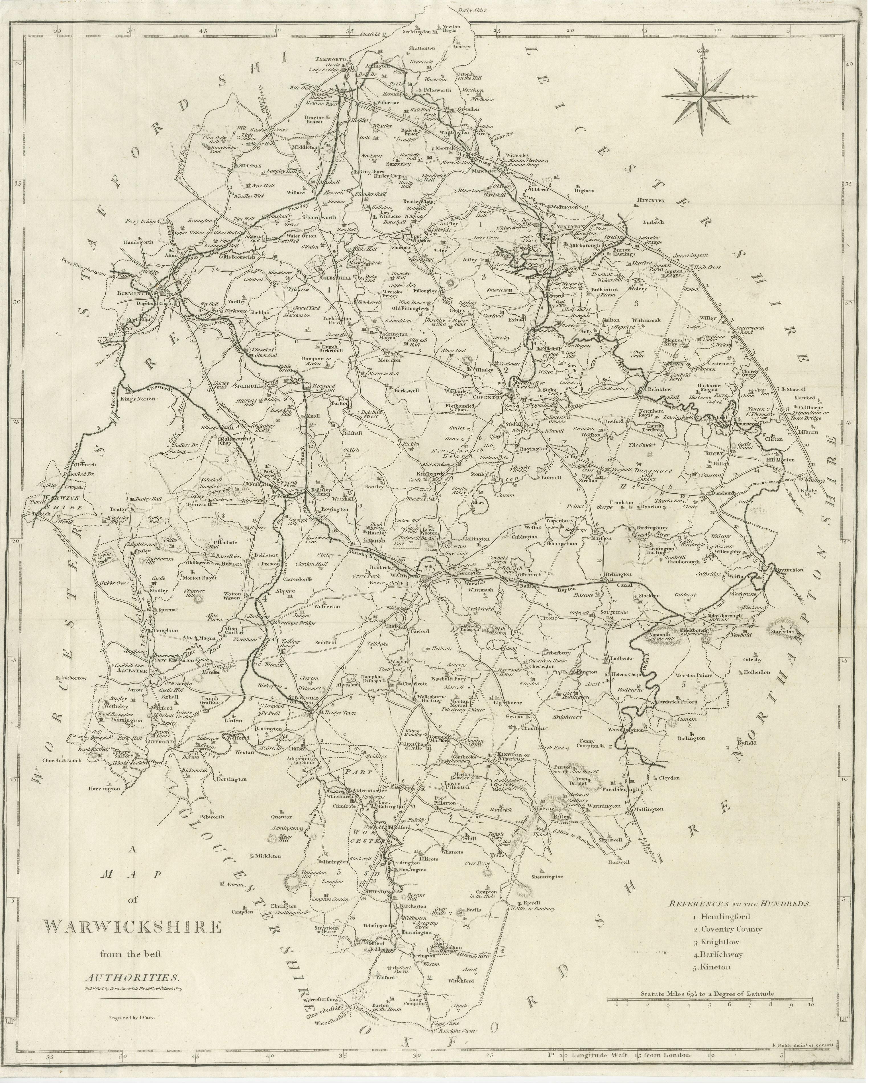 Grande carte ancienne du comté de Warwickshire, Angleterre Bon état - En vente à Langweer, NL