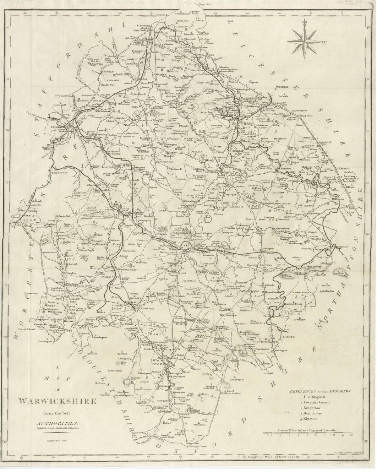 Antique Map of Warwickshire by John Cary, Engraved Paper, 1805
