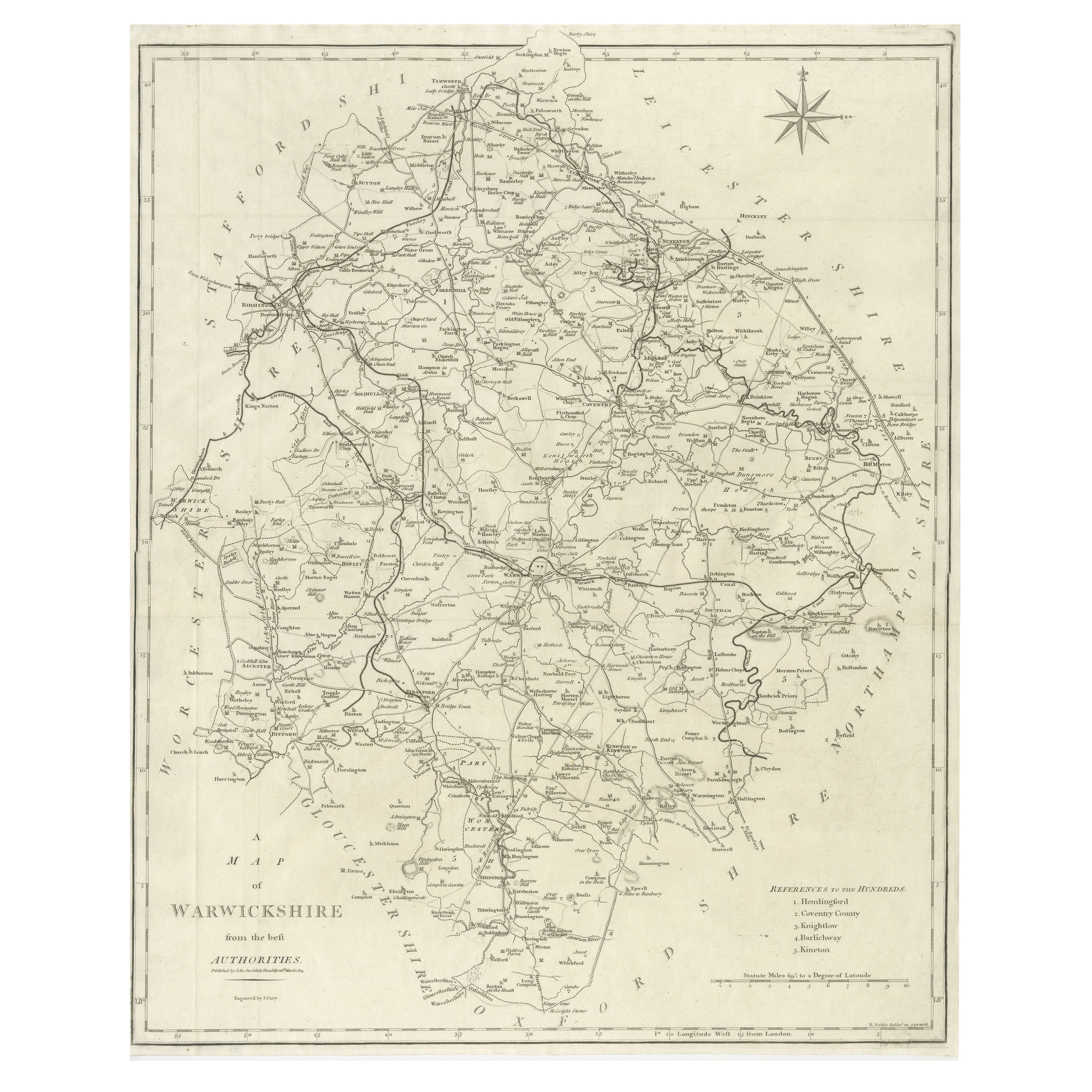 Grande mappa antica della contea di Warwickshire, Inghilterra