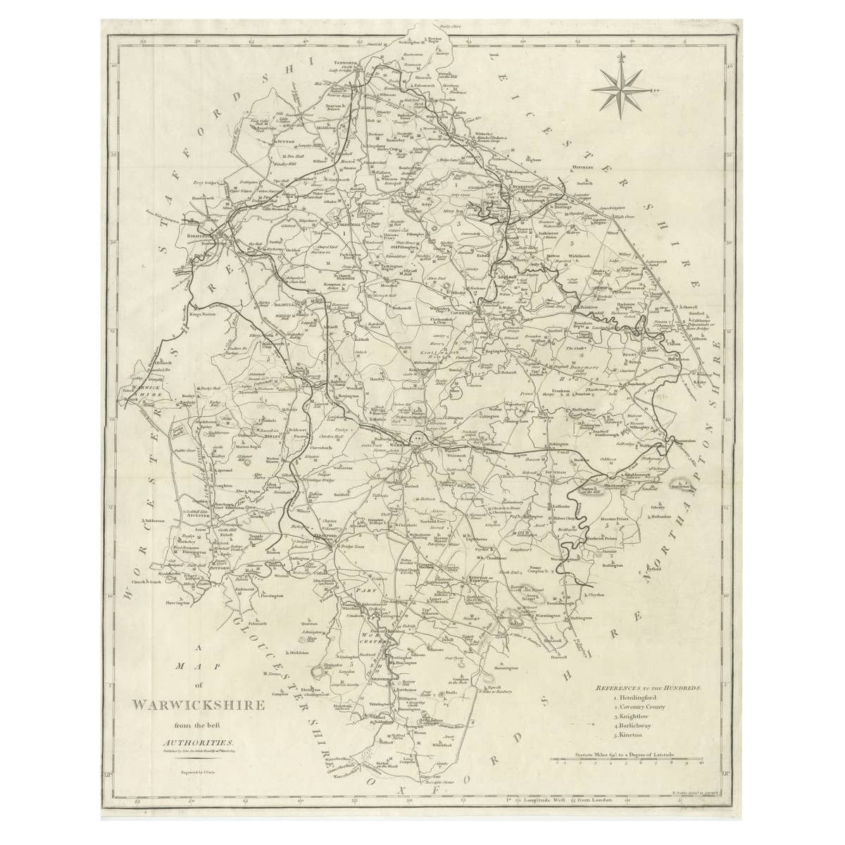 Antique Map of Warwickshire by John Cary, Engraved Paper, 1805