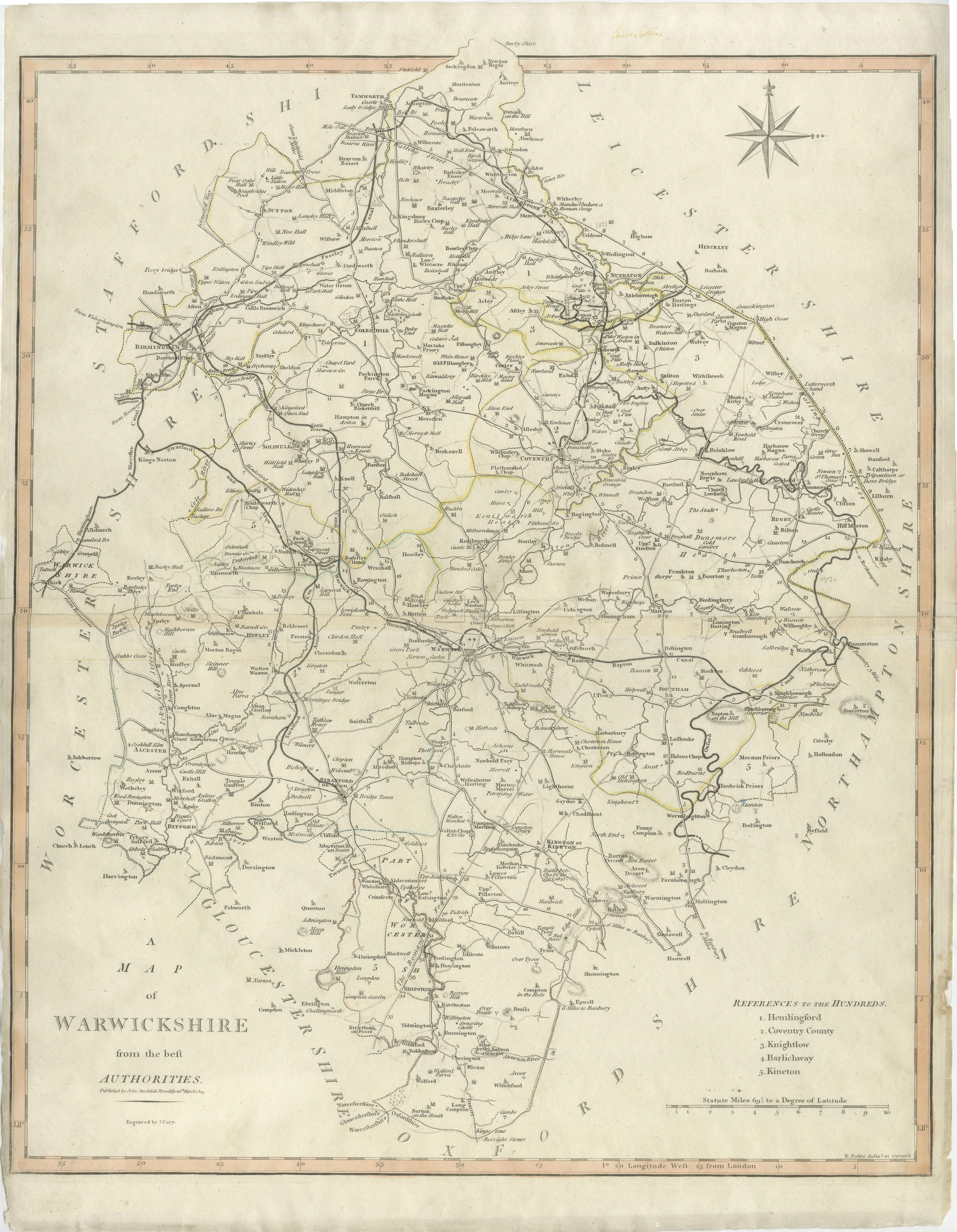 Antique map titled 'A Map of Warwickshire from the best Authorities'. Original old county map of Warwickshire, England. Engraved by John Cary. Originates from 'New British Atlas' by John Stockdale, published 1805. 

John Cary (1755-1835) was a