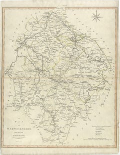 Large Antique County Map of Warwickshire, England, with Hand Coloring