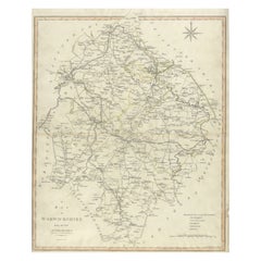 Grande mappa antica della contea di Warwickshire, Inghilterra, con colorazione a mano