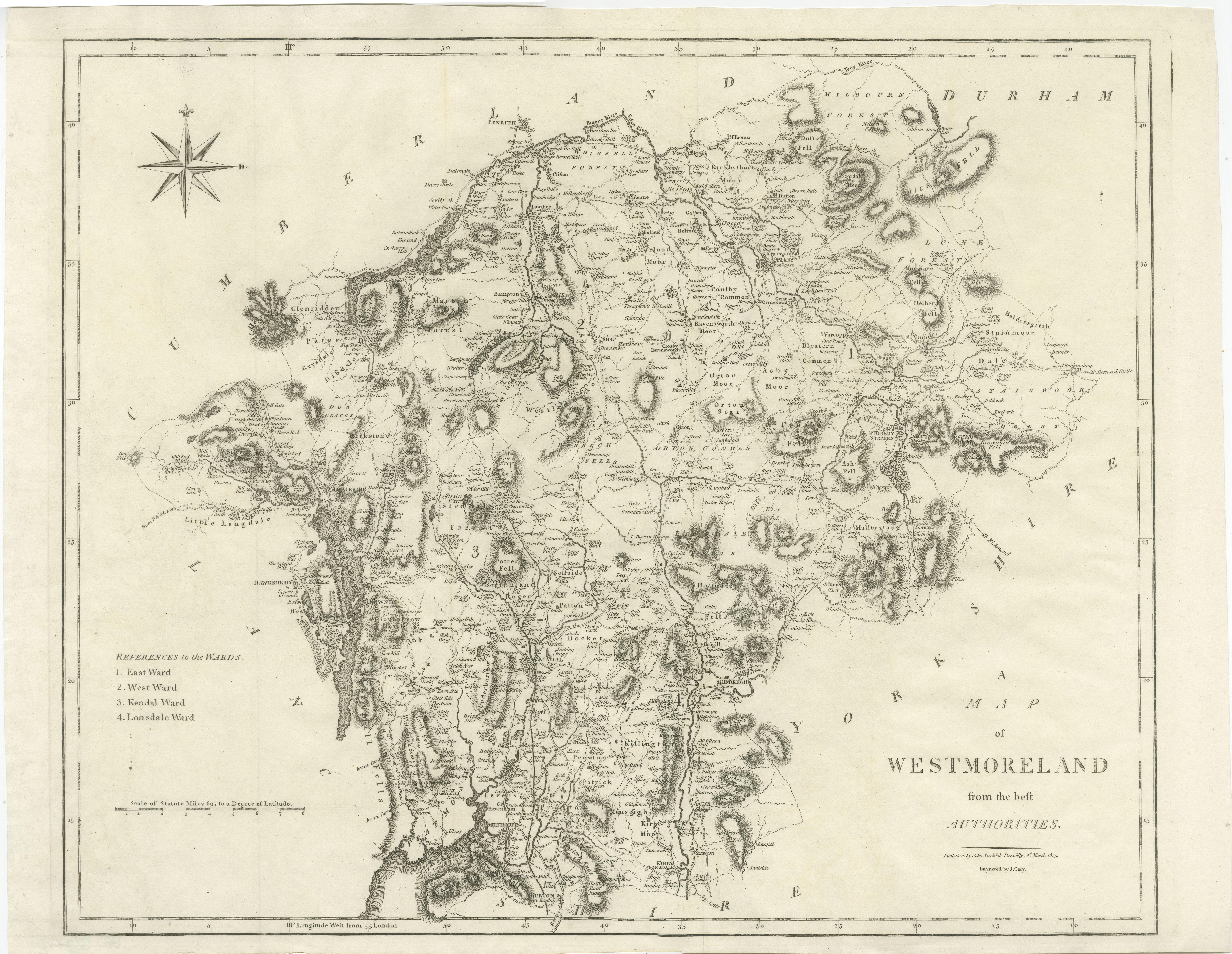 Antique map titled 'A Map of Westmoreland from the best Authorities'. Original old county map of Westmorland, England. Engraved by John Cary. Originates from 'New British Atlas' by John Stockdale, published 1805. 

John Cary (1755-1835) was a