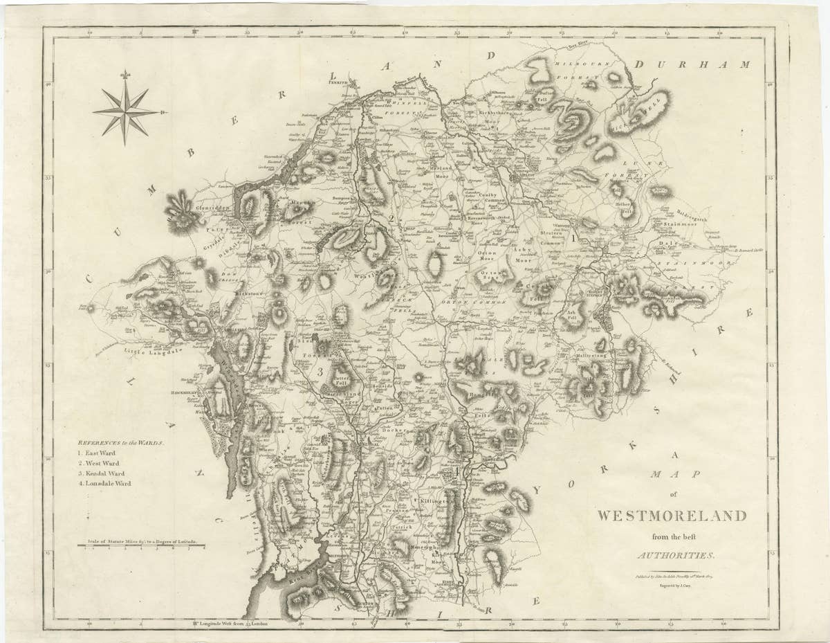 Large Antique County Map of Westmorland, England