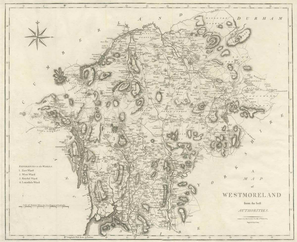 Large Antique County Map of Westmorland, England