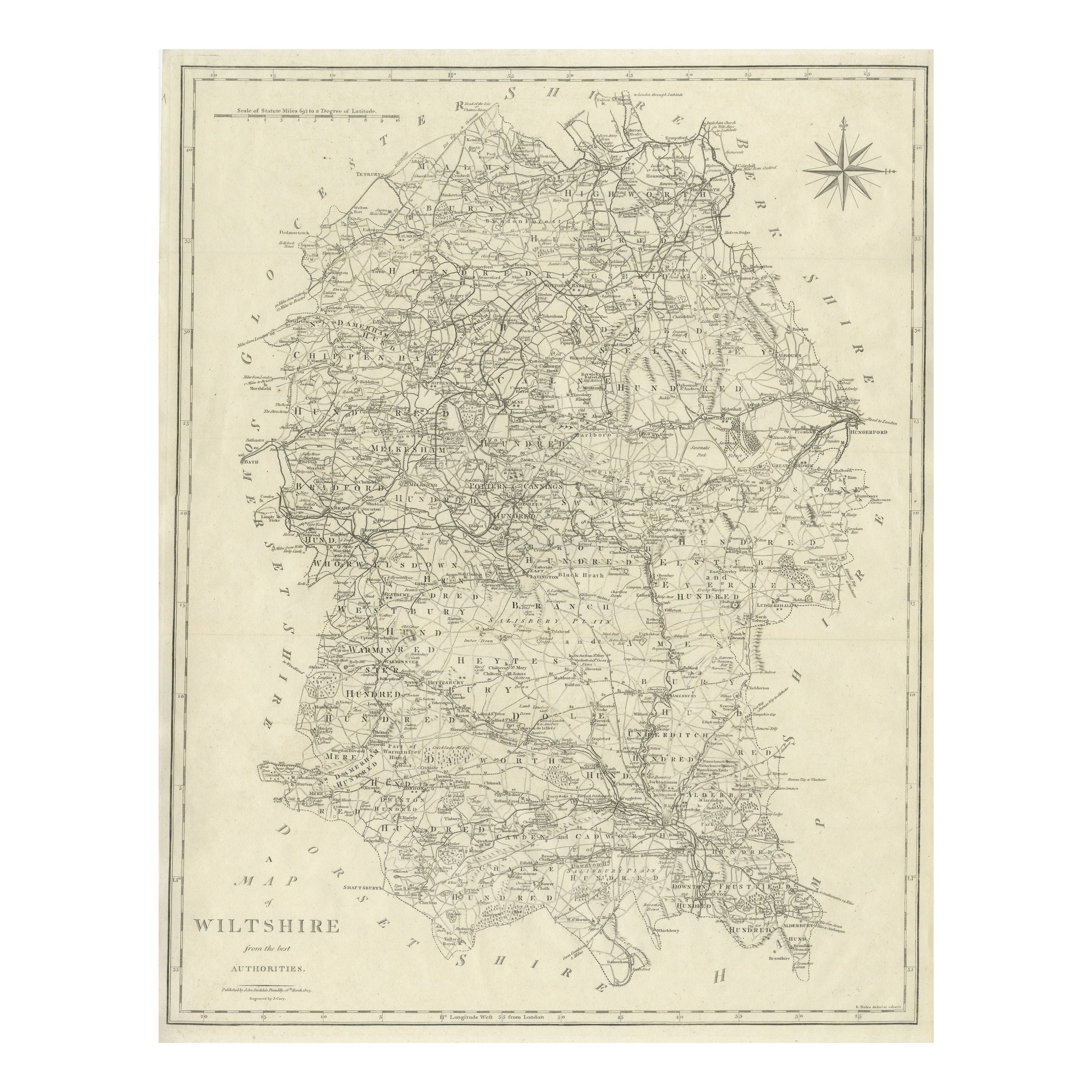 Grande mappa antica della contea di Wiltshire, Inghilterra, 1805 in vendita
