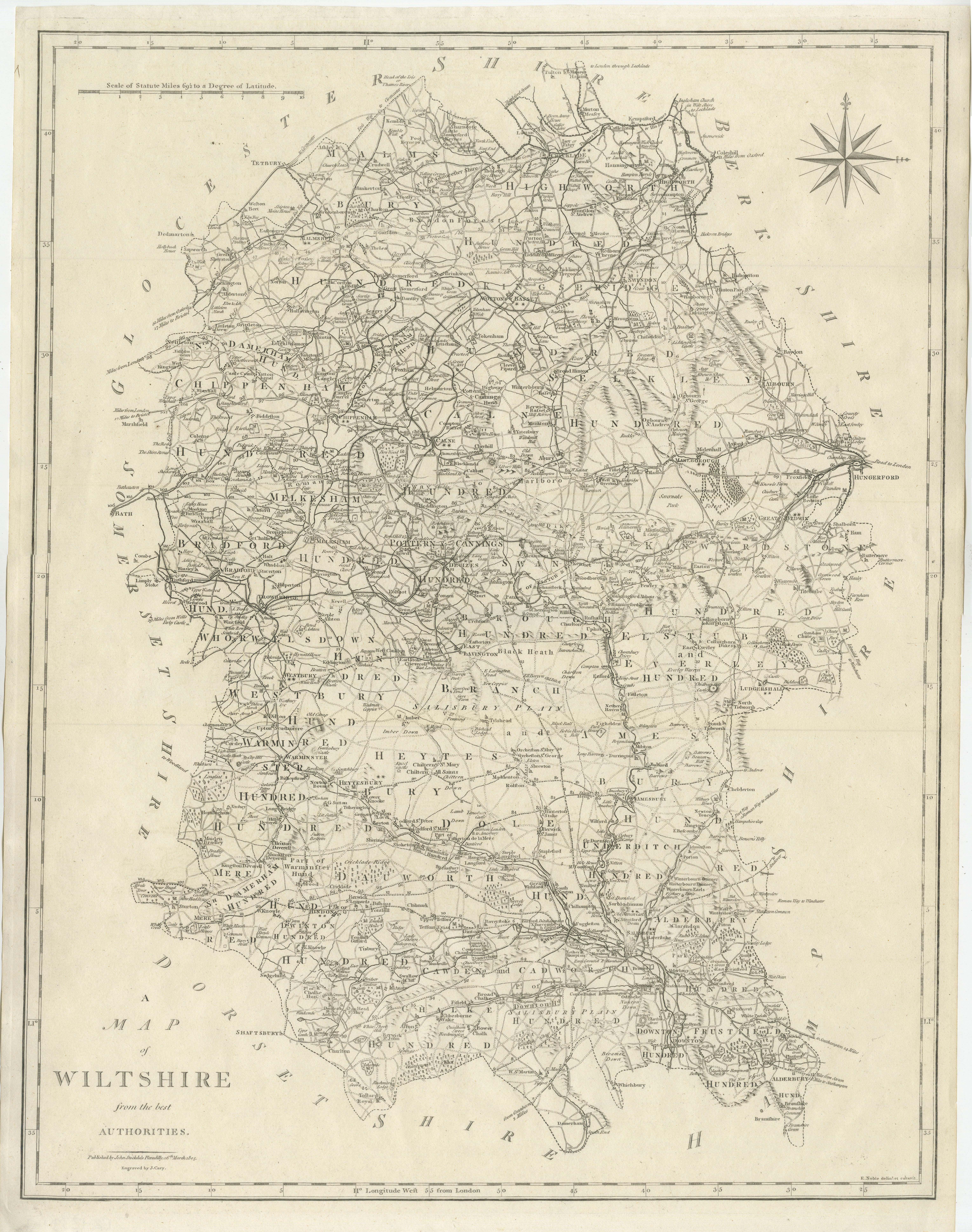 Antique map titled 'A Map of Wiltshire from the best Authorities'. Original old county map of Wiltshire, England. Engraved by John Cary. Originates from 'New British Atlas' by John Stockdale, published 1805. 

John Cary (1755-1835) was a British