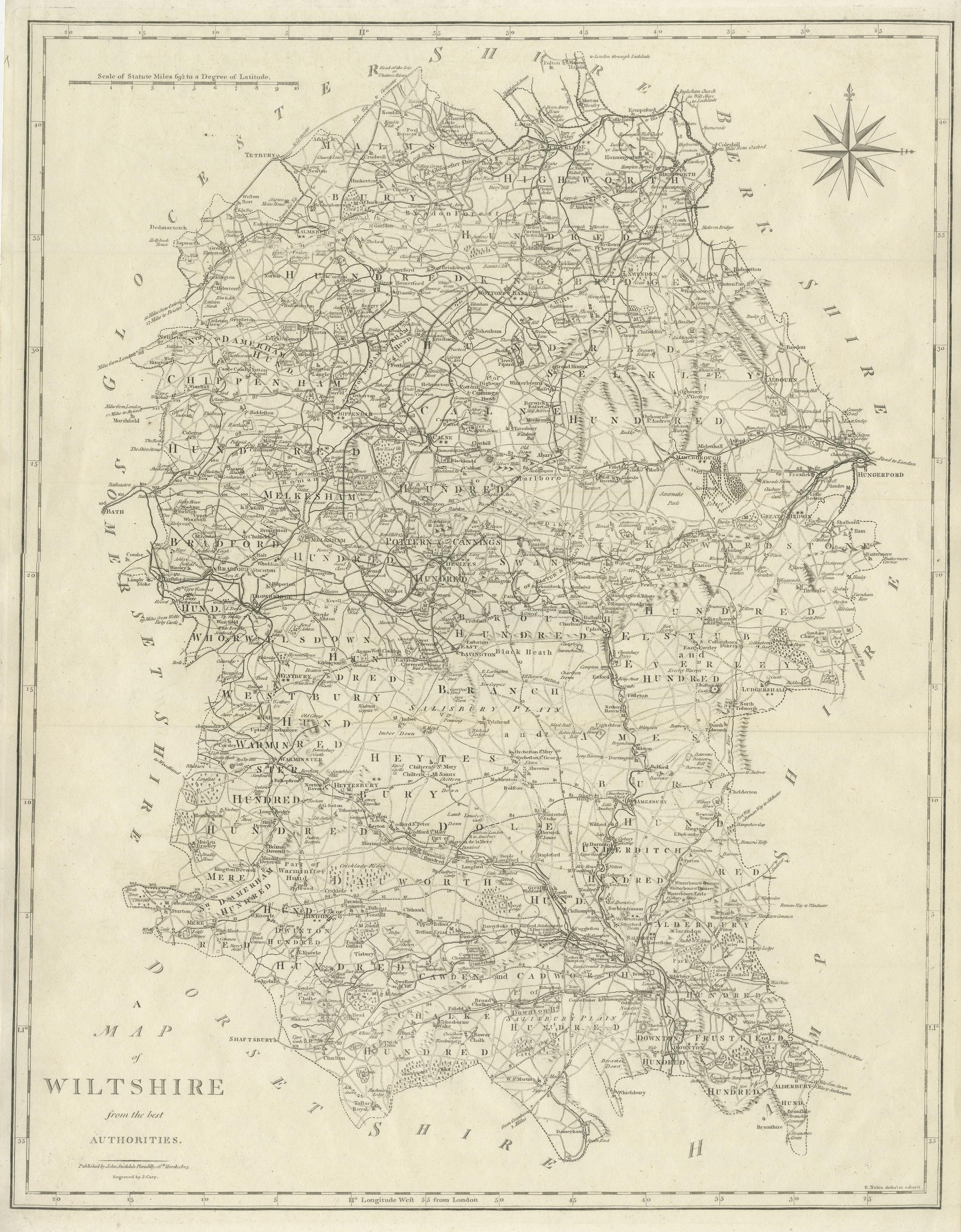 Große antike County-Karte von Wiltshire, England, 1805 im Zustand „Gut“ im Angebot in Langweer, NL