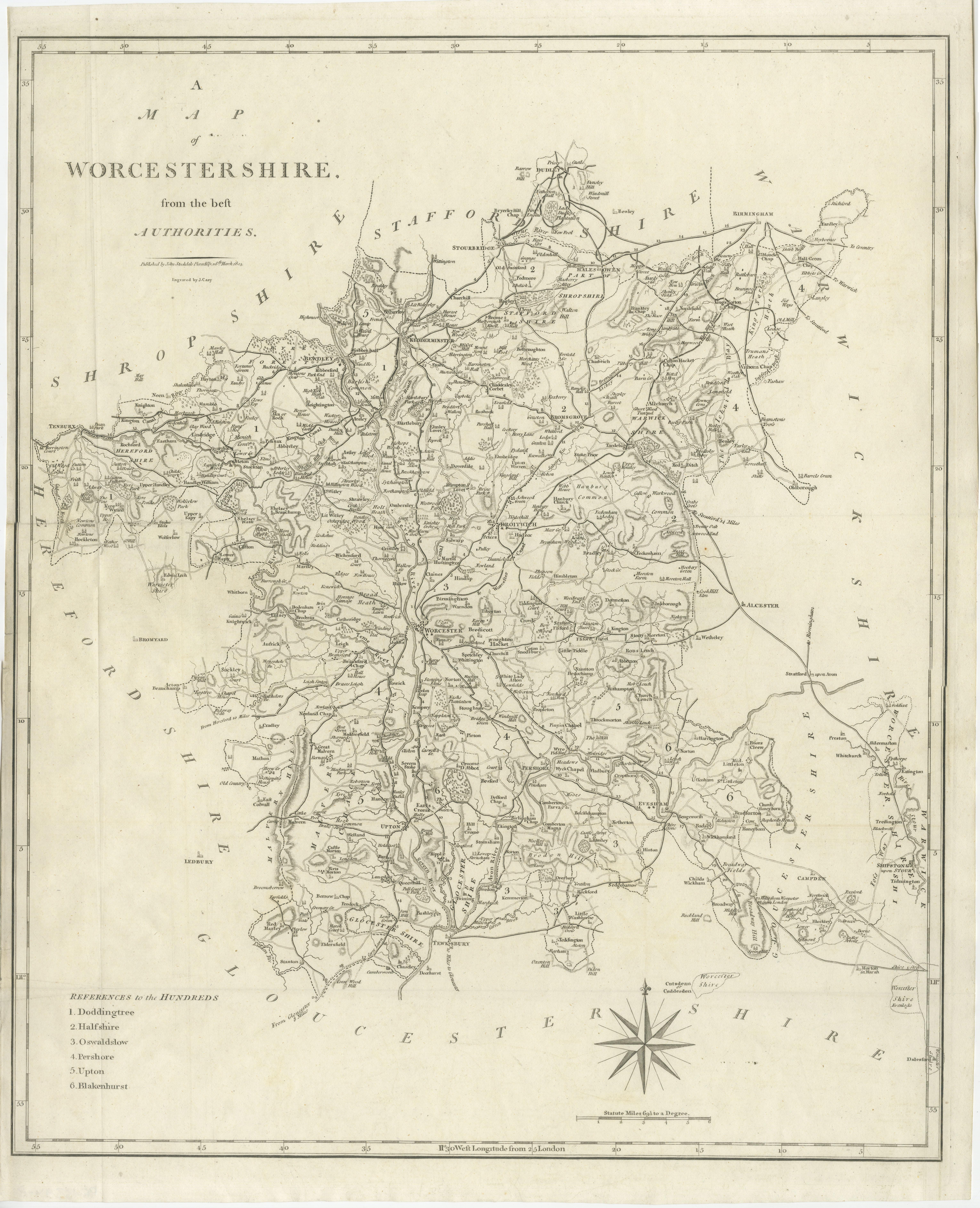 Antique map titled 'A Map of Worcestershire from the best Authorities'. Original old county map of Worcestershire, England. Engraved by John Cary. Originates from 'New British Atlas' by John Stockdale, published 1805. 

John Cary (1755-1835) was a