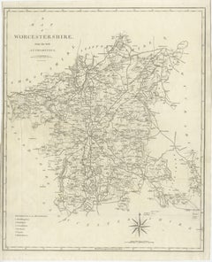 Mapa Antiguo Worcestershire Inglaterra - John Cary Mapa del Condado, Carreteras y Cientos 1805