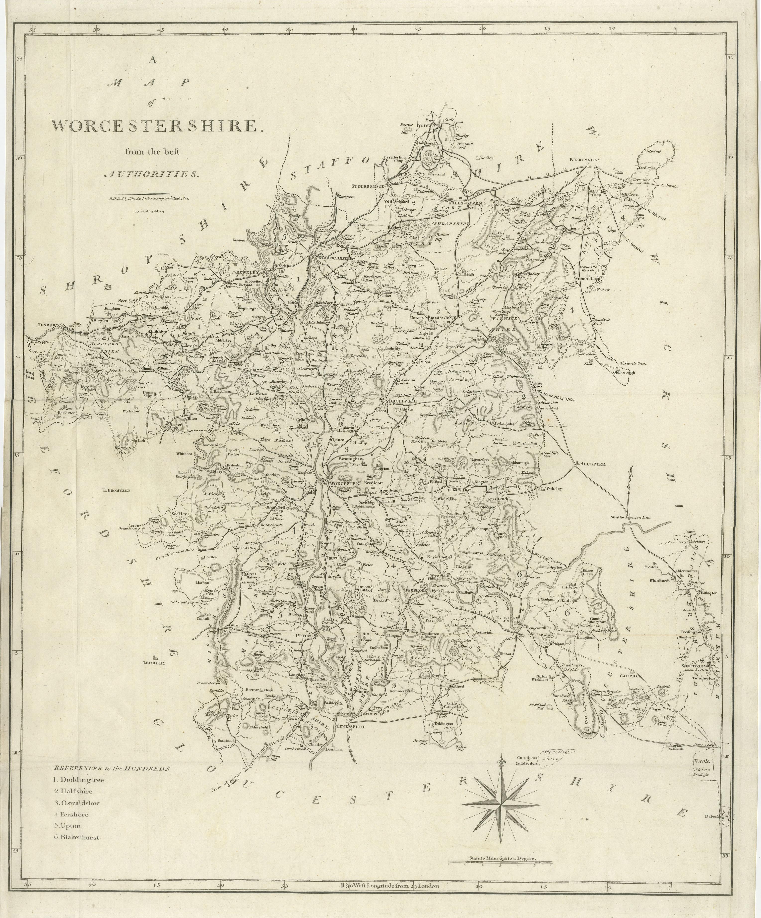Große antike Grafschaftskarte von Worcestershire, England im Zustand „Gut“ im Angebot in Langweer, NL
