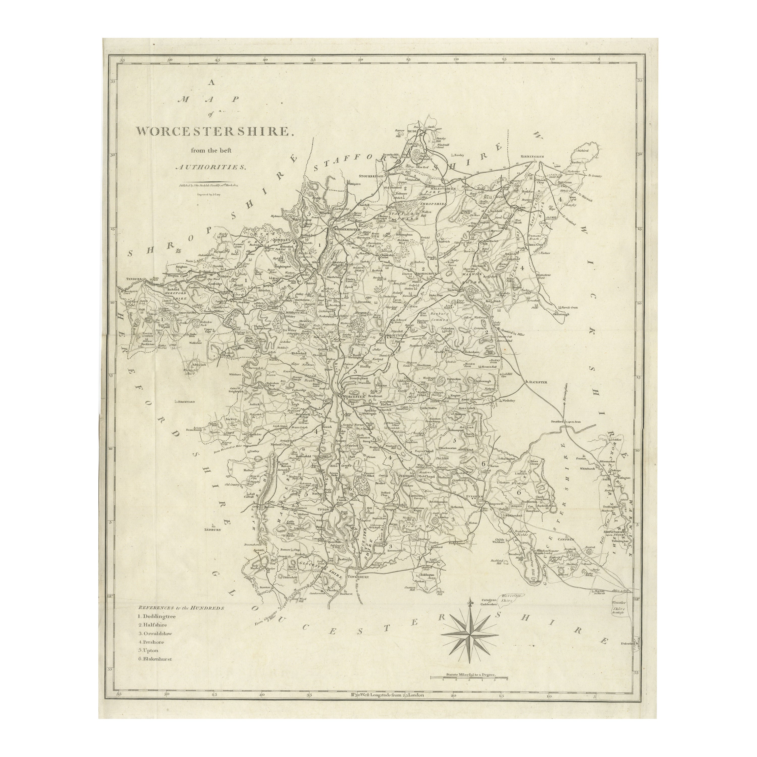 Grande mappa antica della contea di Worcestershire, Inghilterra