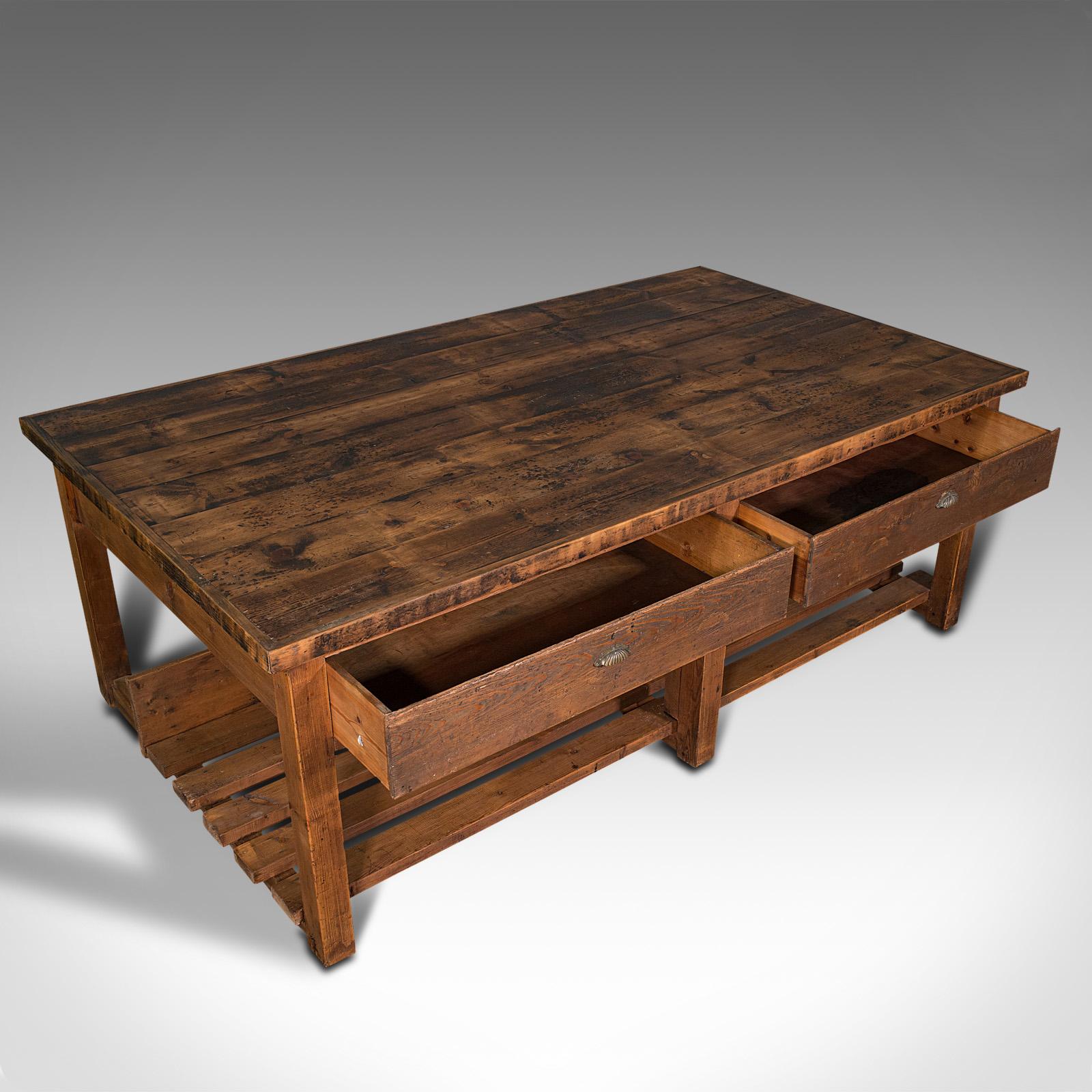 Large Antique Craftsman's Table, Pine, Kitchen Island, Retail, Bench, Victorian 1