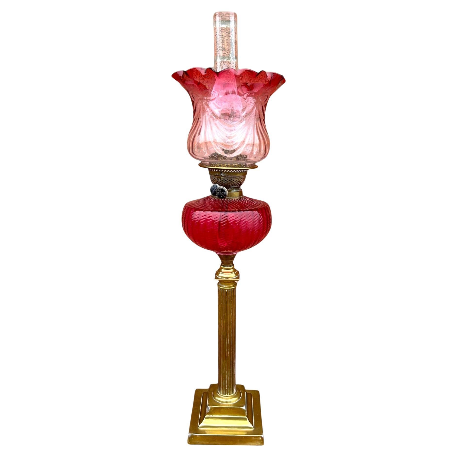 Large Antique Cranberry Brass Oil Lamp