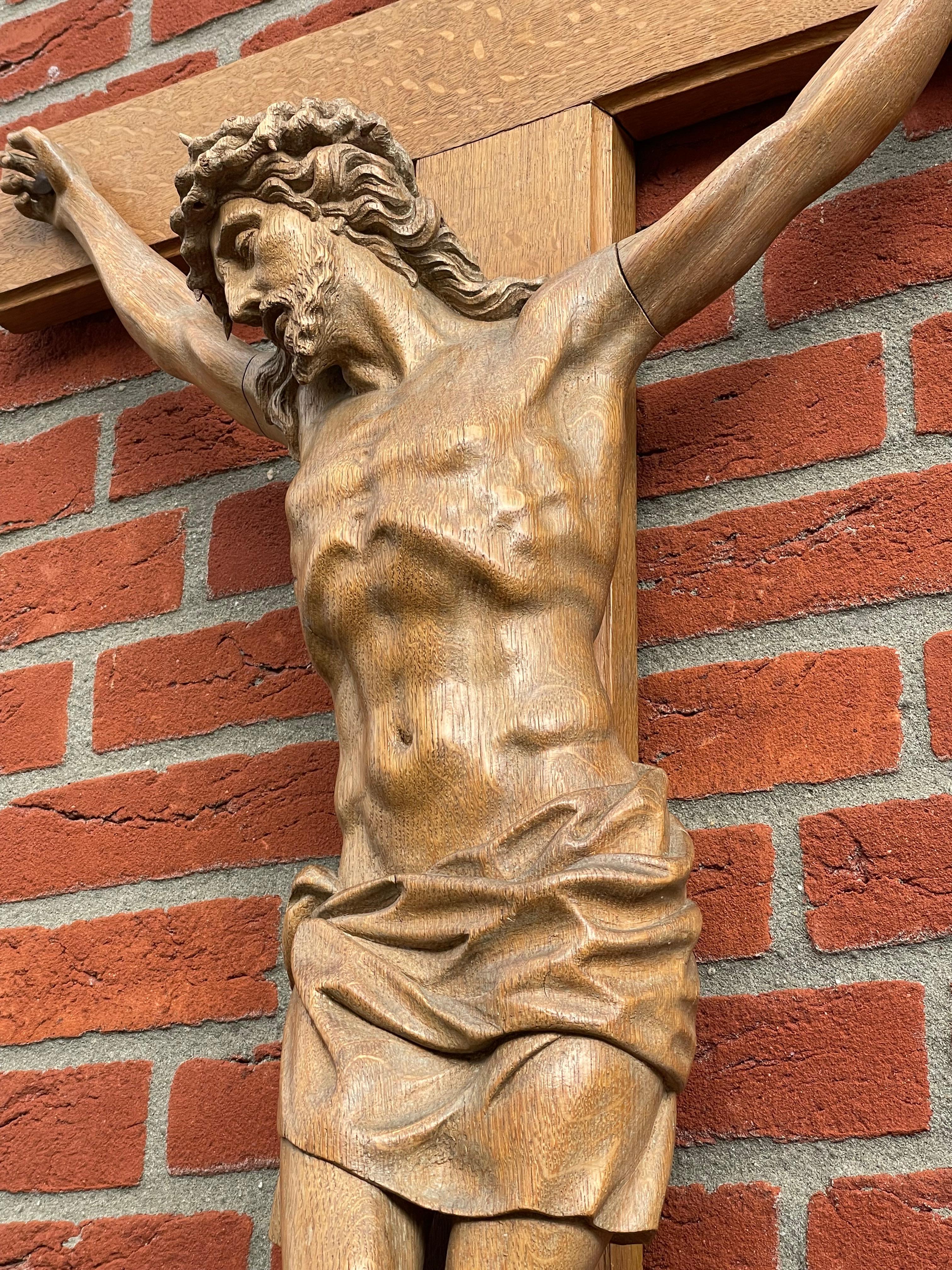 Large Antique Crucifix W. Stunning Hand Carved Jesus Christ Sculpture, 1850-1860 1