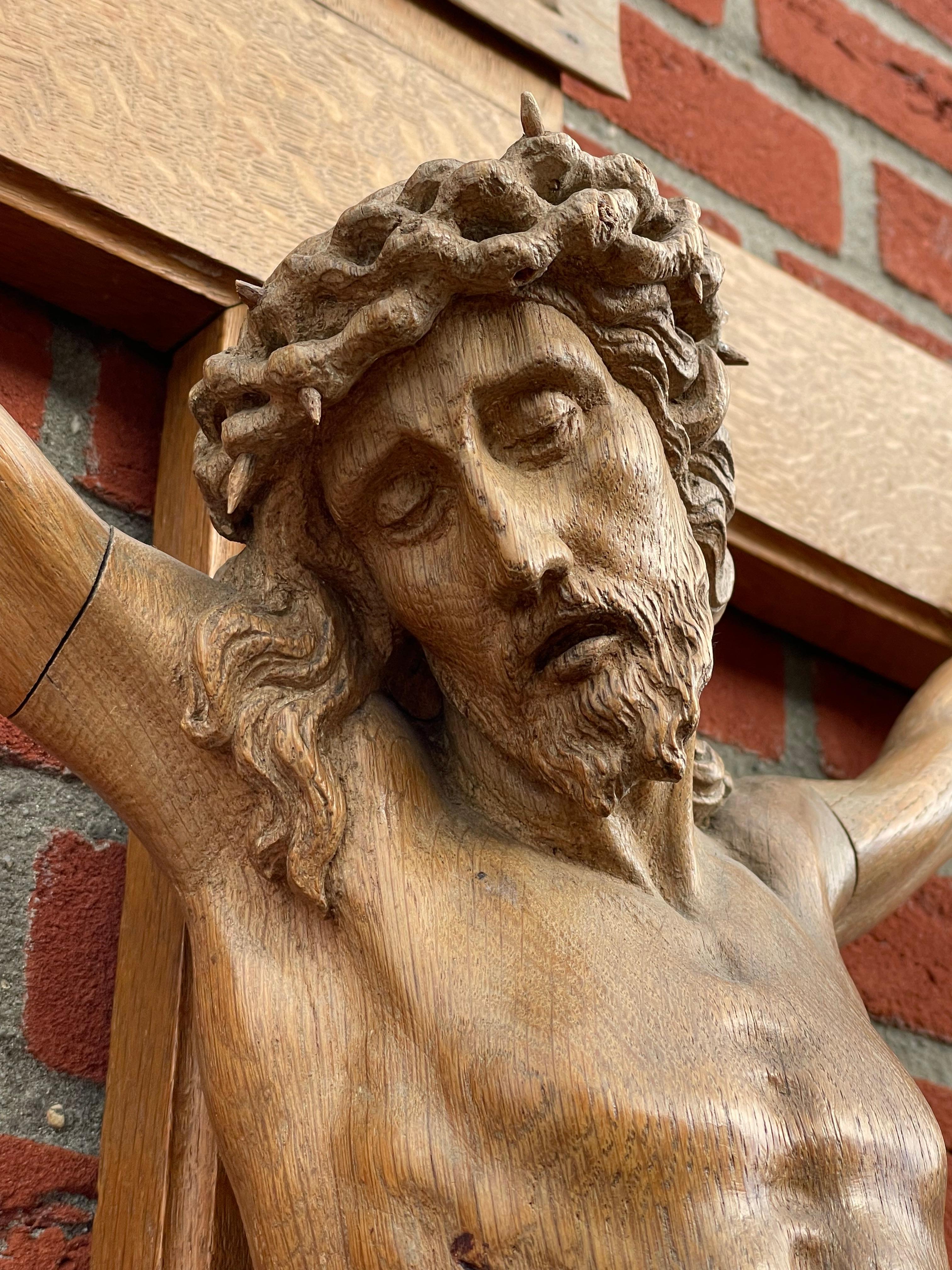 Large Antique Crucifix W. Stunning Hand Carved Jesus Christ Sculpture, 1850-1860 2