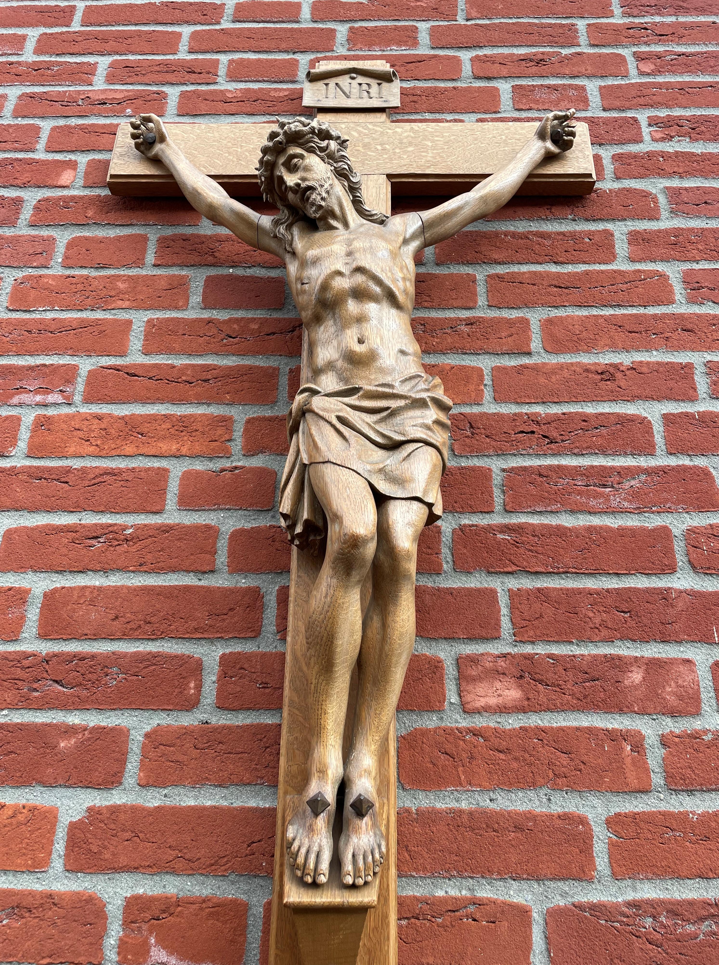 Large Antique Crucifix W. Stunning Hand Carved Jesus Christ Sculpture, 1850-1860 4