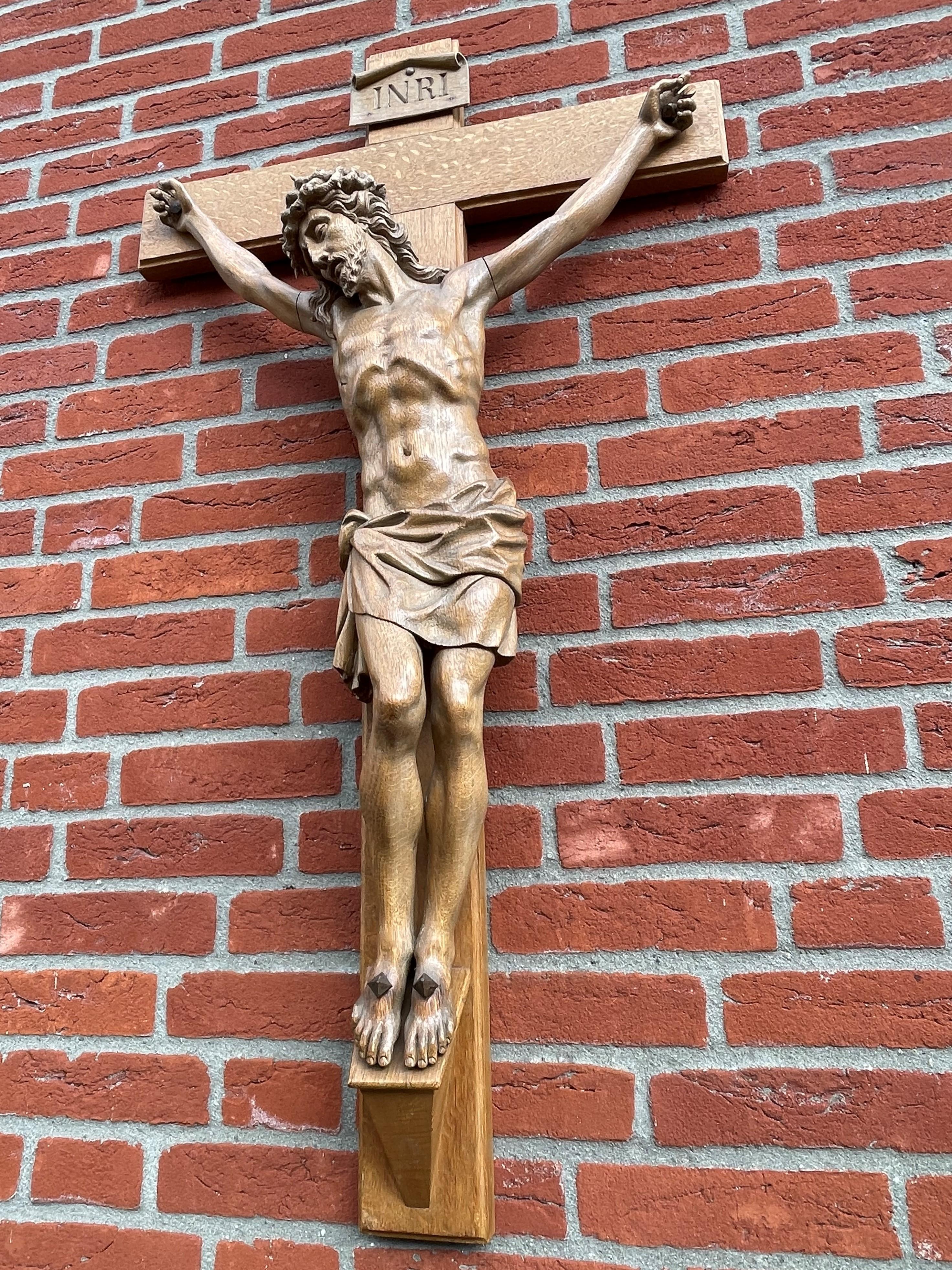 Large Antique Crucifix W. Stunning Hand Carved Jesus Christ Sculpture, 1850-1860 5
