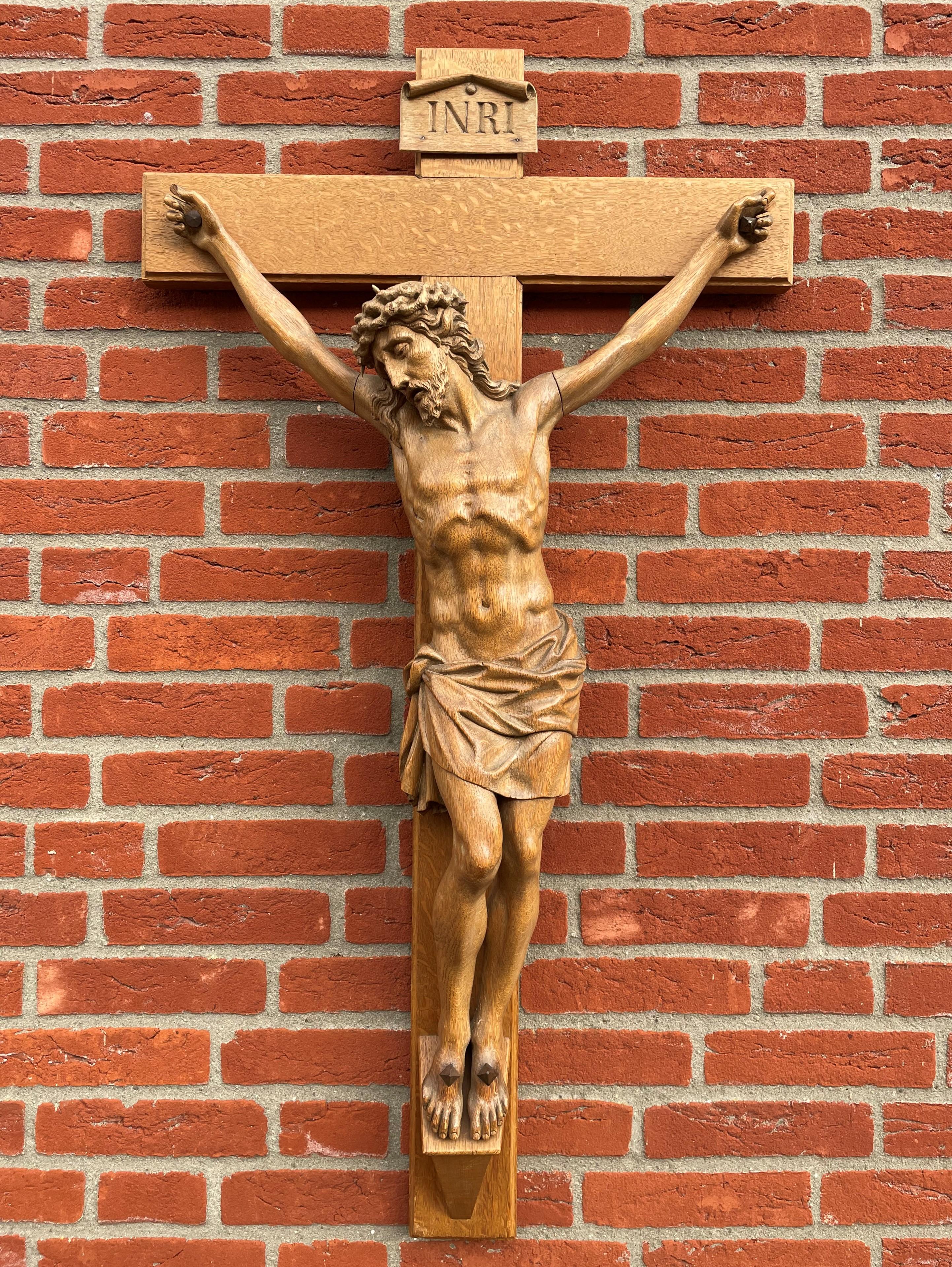 Large Antique Crucifix W. Stunning Hand Carved Jesus Christ Sculpture, 1850-1860 6