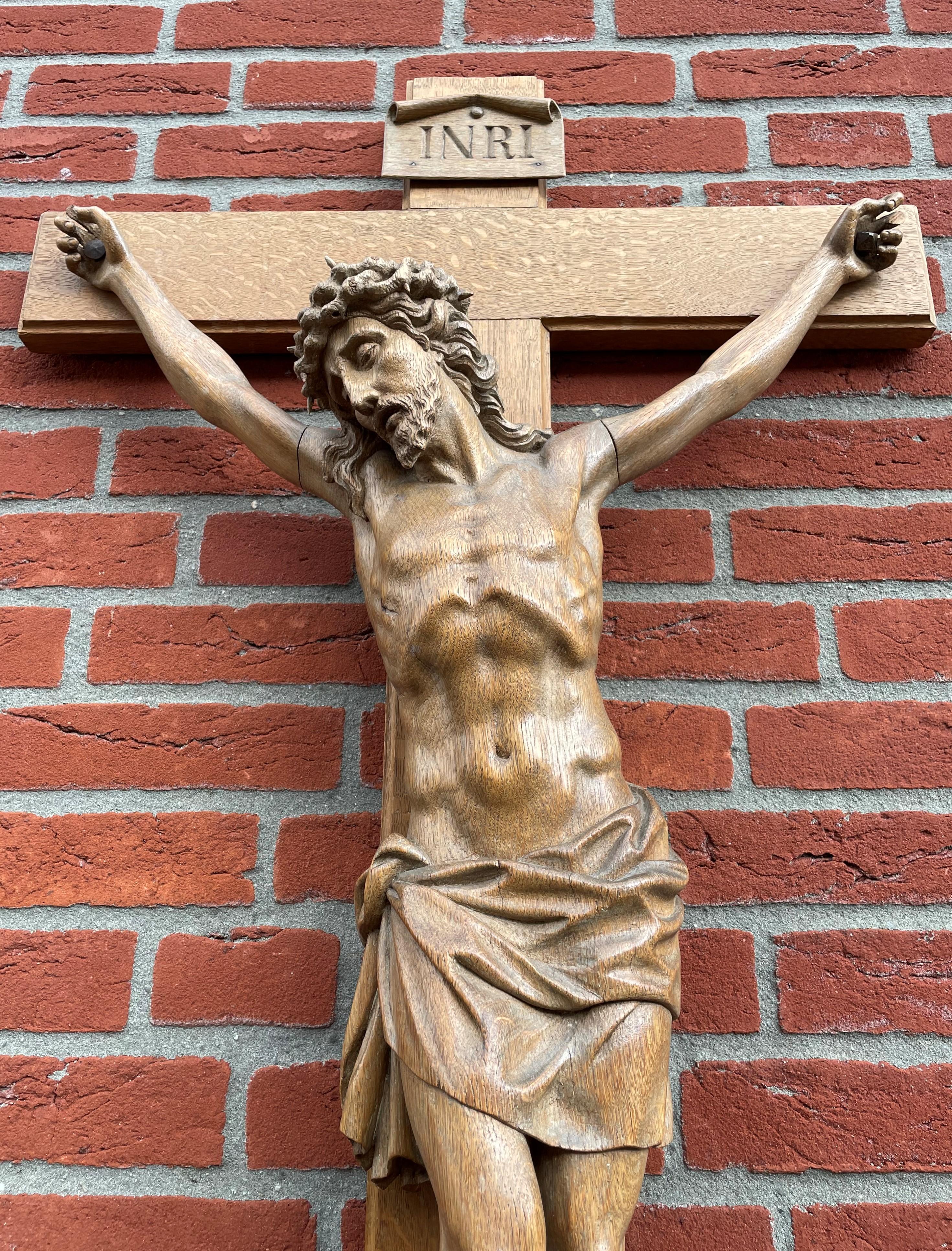 Hand-Crafted Large Antique Crucifix W. Stunning Hand Carved Jesus Christ Sculpture, 1850-1860