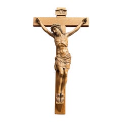 Gran Crucifijo Antiguo W. Impresionante Escultura de Jesucristo Tallada a Mano, 1850-1860