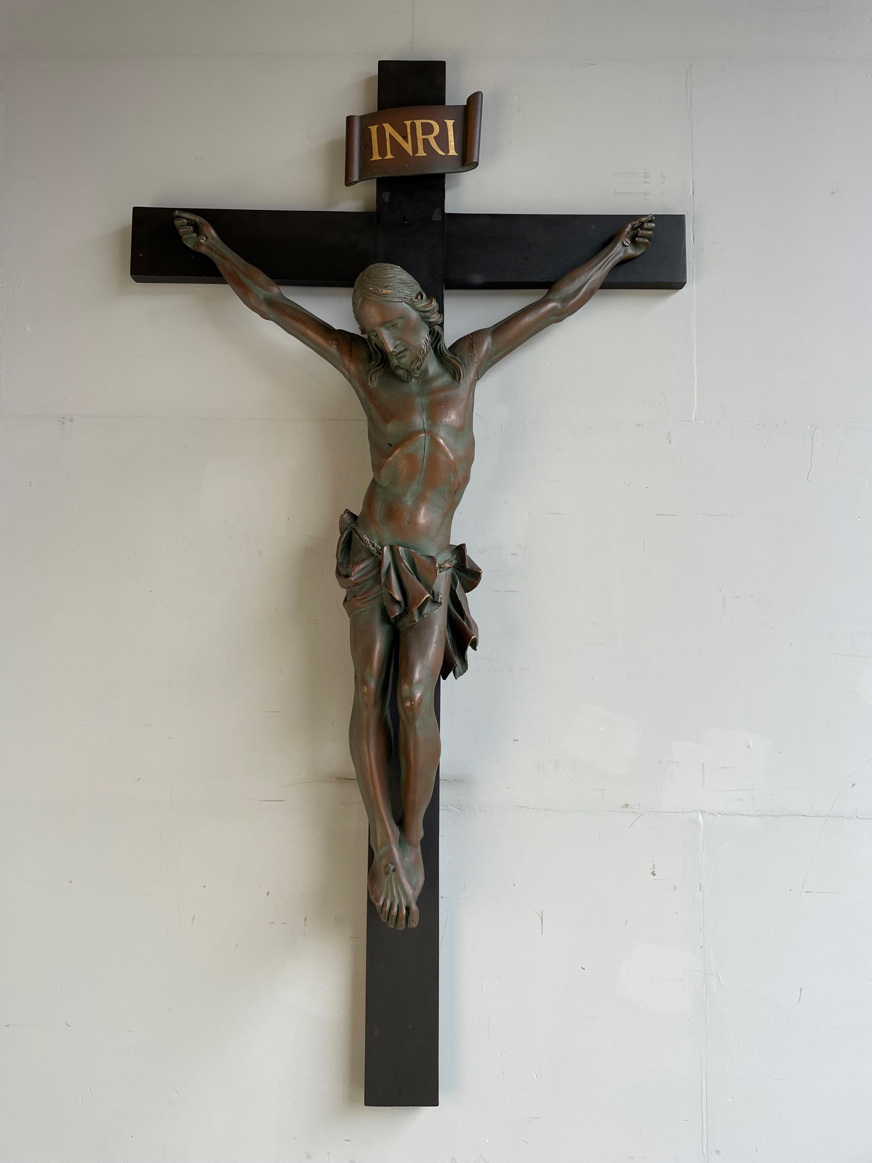Metal Large Antique Crucifix with a Hand Carved & Bronzed Wooden Corpus of Jesus 1800s For Sale