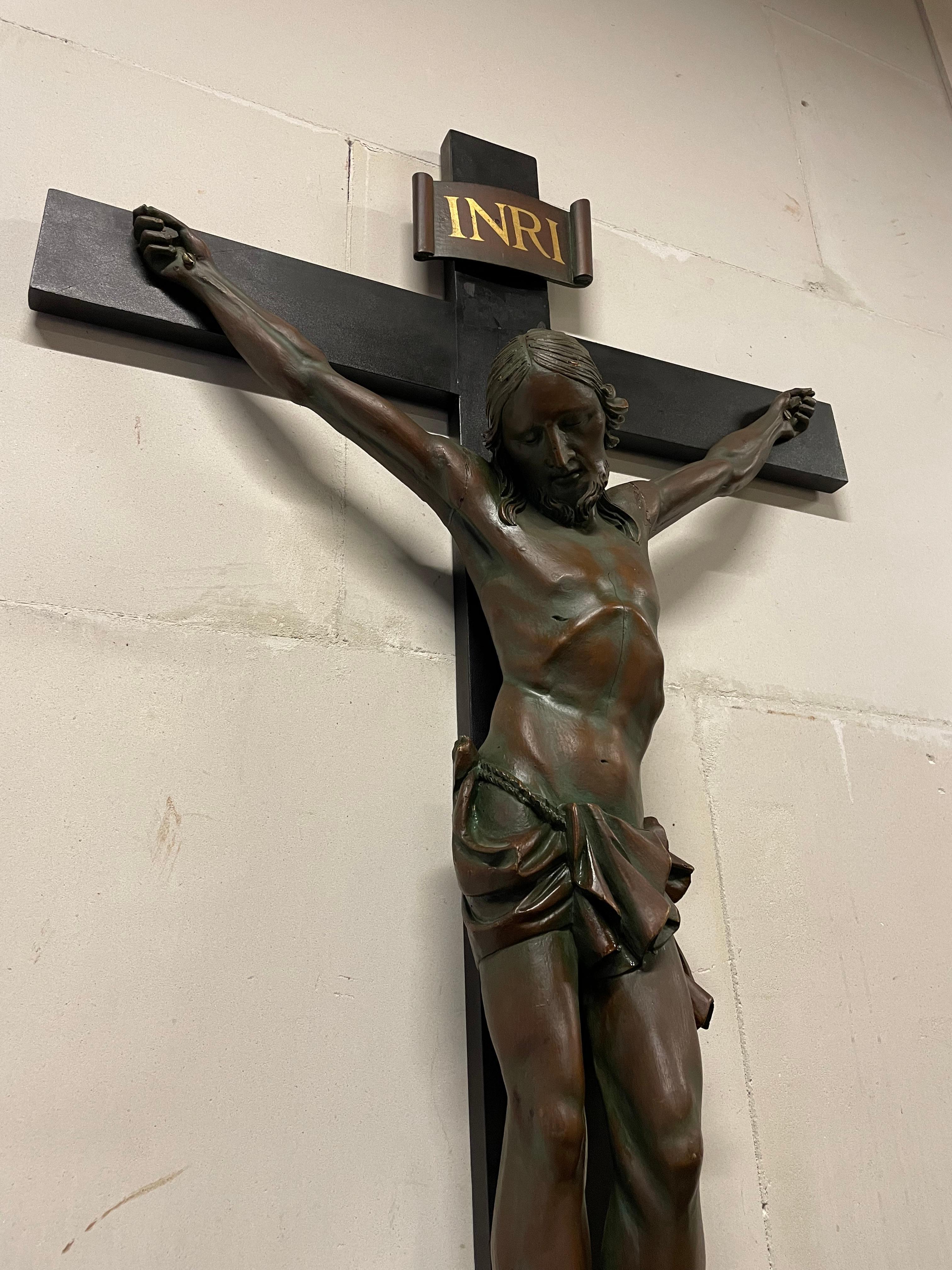 Unique and large size, antique corpus of Christ on a blackened oak cross.

If you are looking for a large crucifix with a not too overwhelming corpus of Christ for your house of prayer or for your home(chapel) then this unique ecclesiastical antique