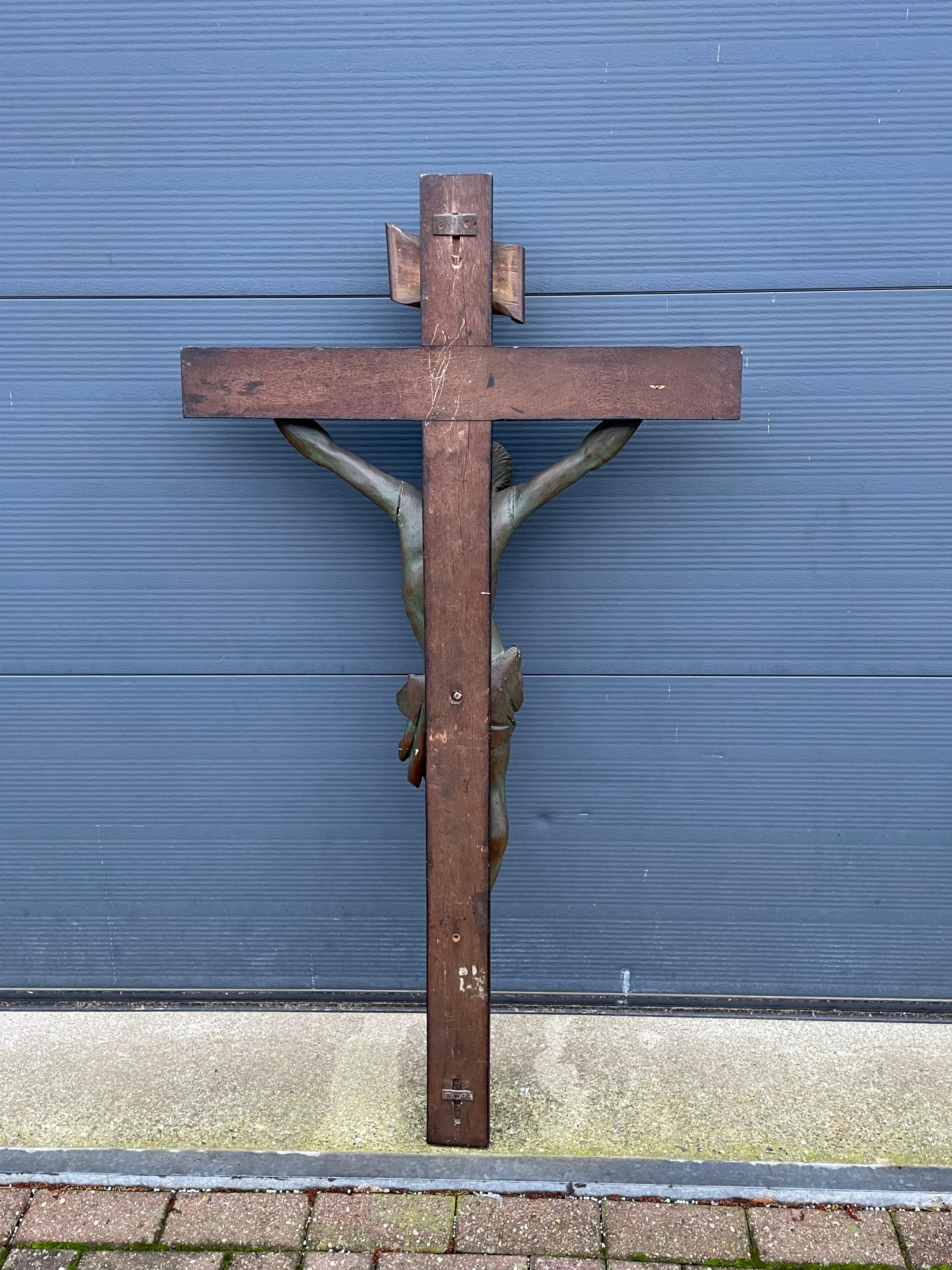 Large Antique Crucifix with a Hand Carved & Bronzed Wooden Corpus of Jesus 1800s 4