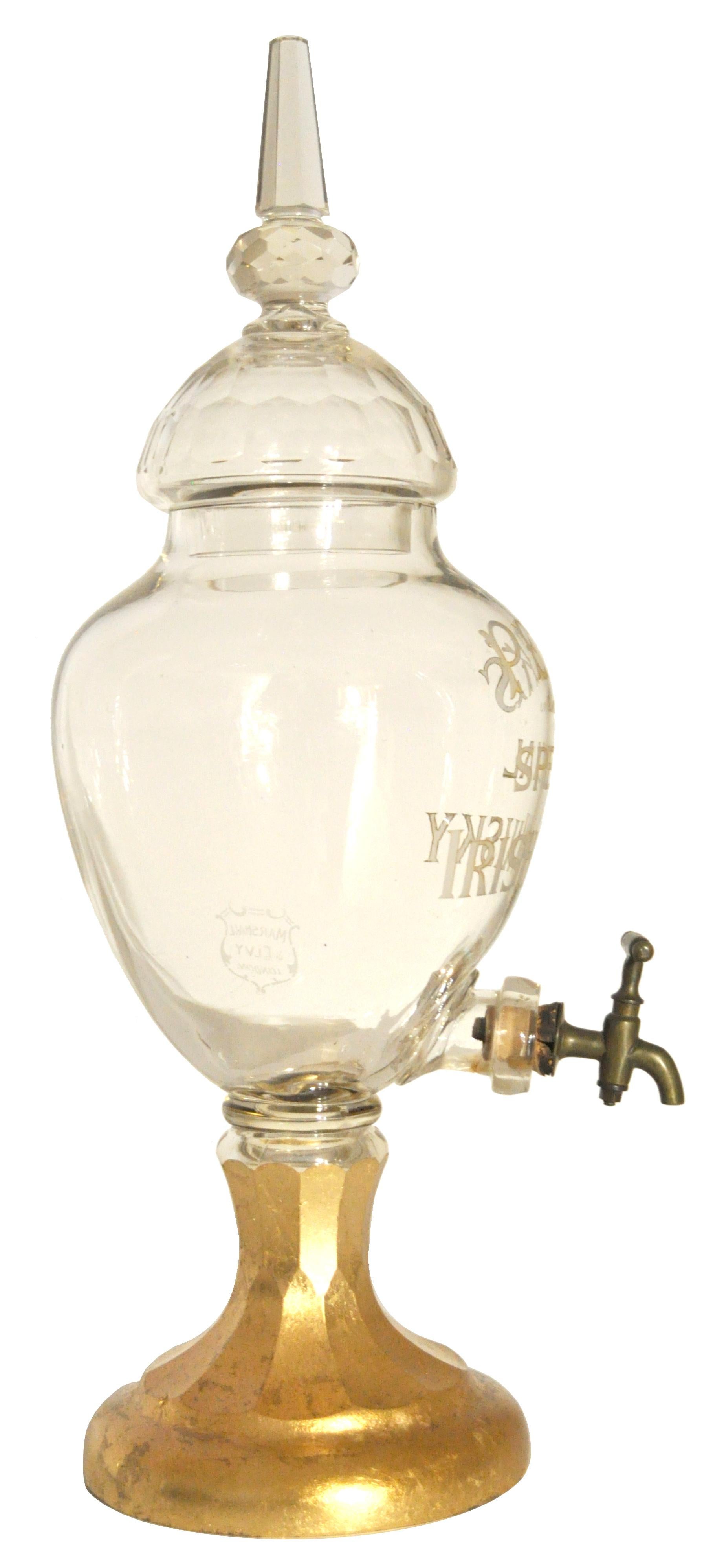 Gilt Large Antique Cut Glass Crystal Peck's Irish Whisky Dispenser Decanter, 1870