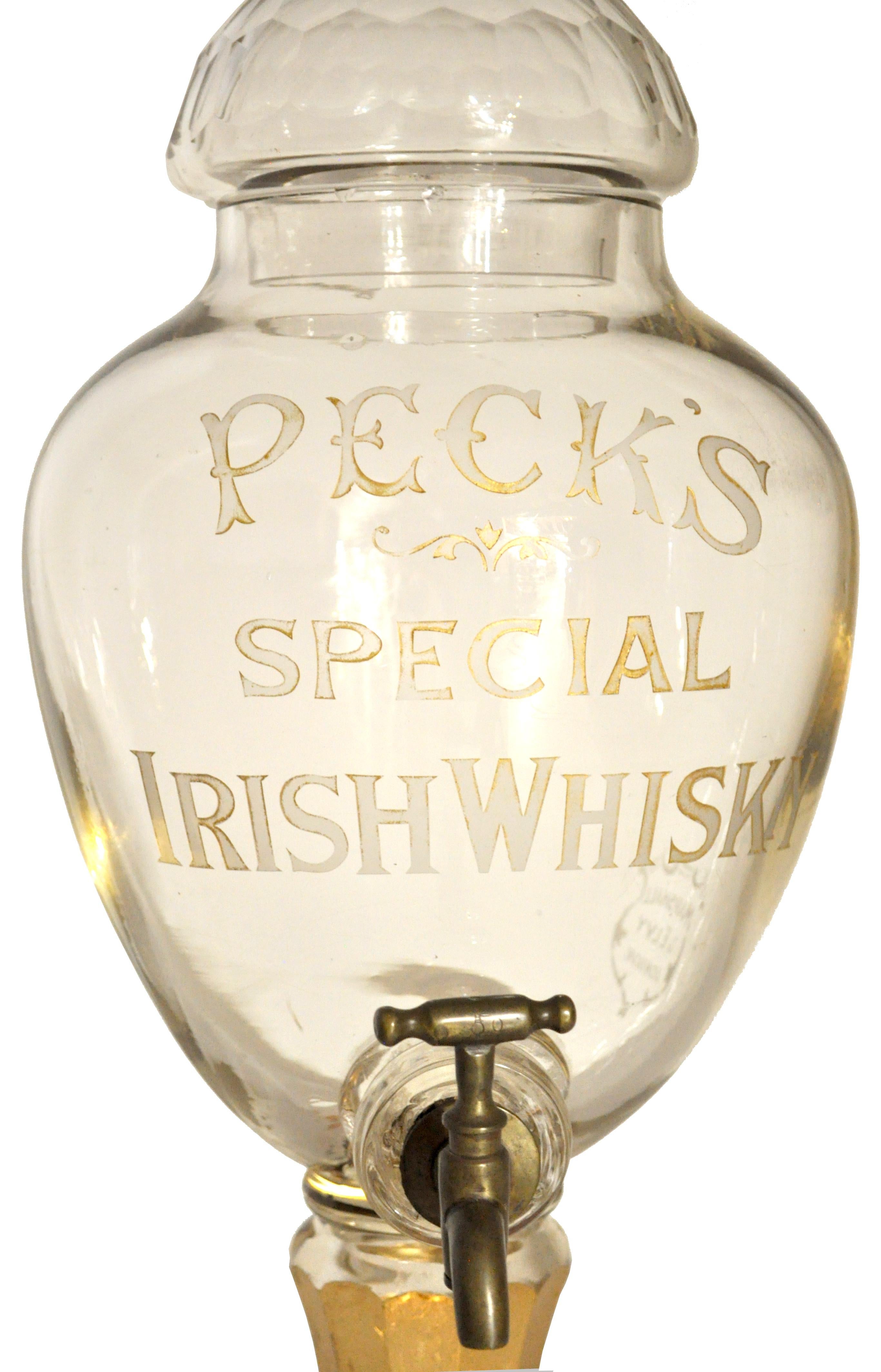 Large Antique Cut Glass Crystal Peck's Irish Whisky Dispenser Decanter, 1870 1