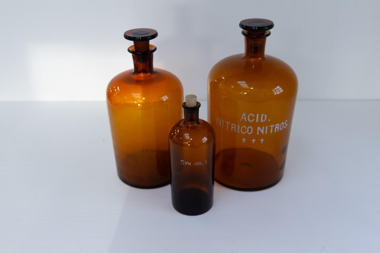 Early 20th Century Large Antique Danish Pharmacy Glass Bottles, 1900s. Set of 3. For Sale