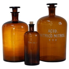 Large Antique Danish Pharmacy Glass Bottles, 1900s. Set of 3.