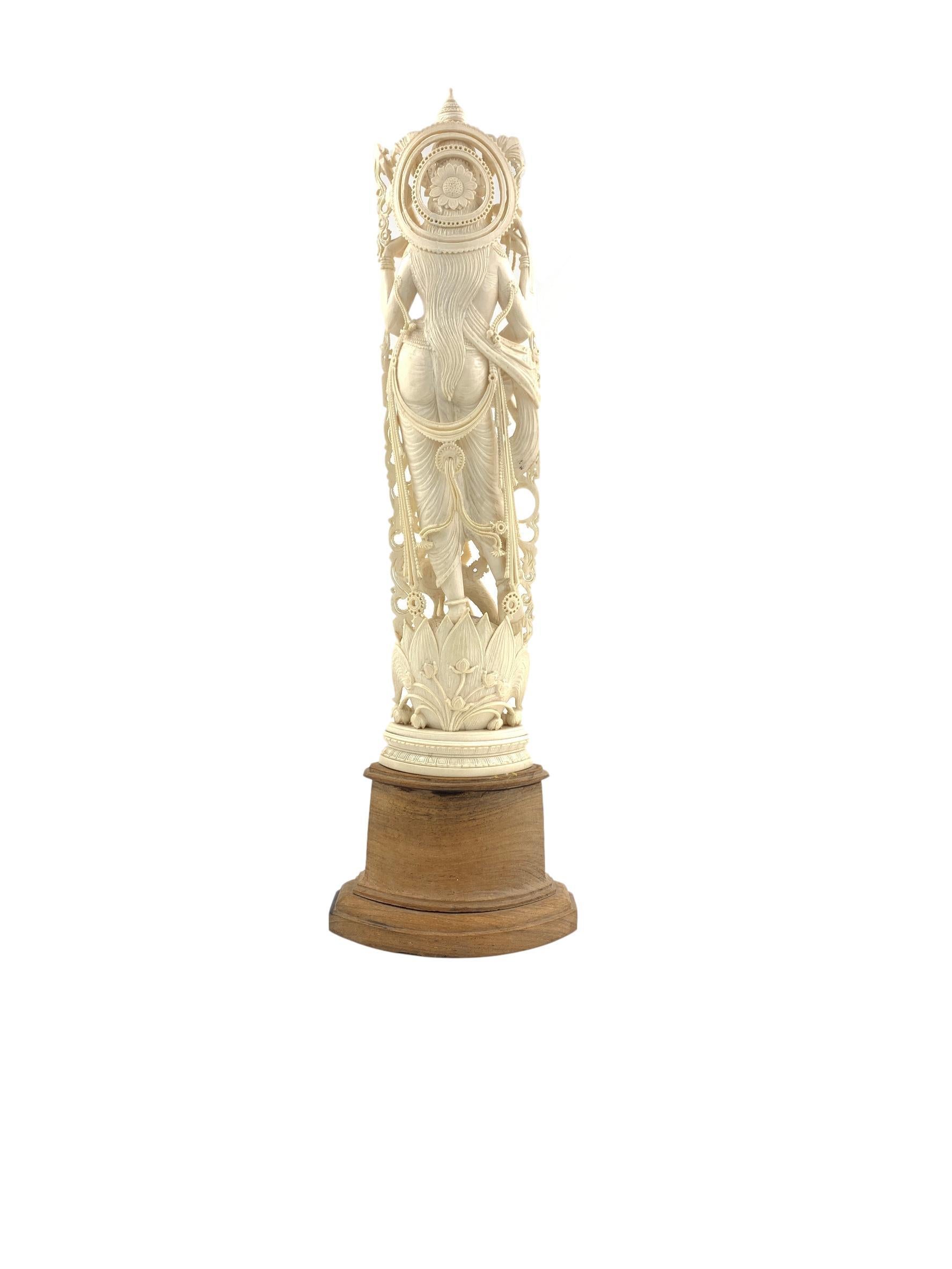 Large Antique Deeply Carved Indian Ivory God Figure Saraswati In Good Condition In London, GB