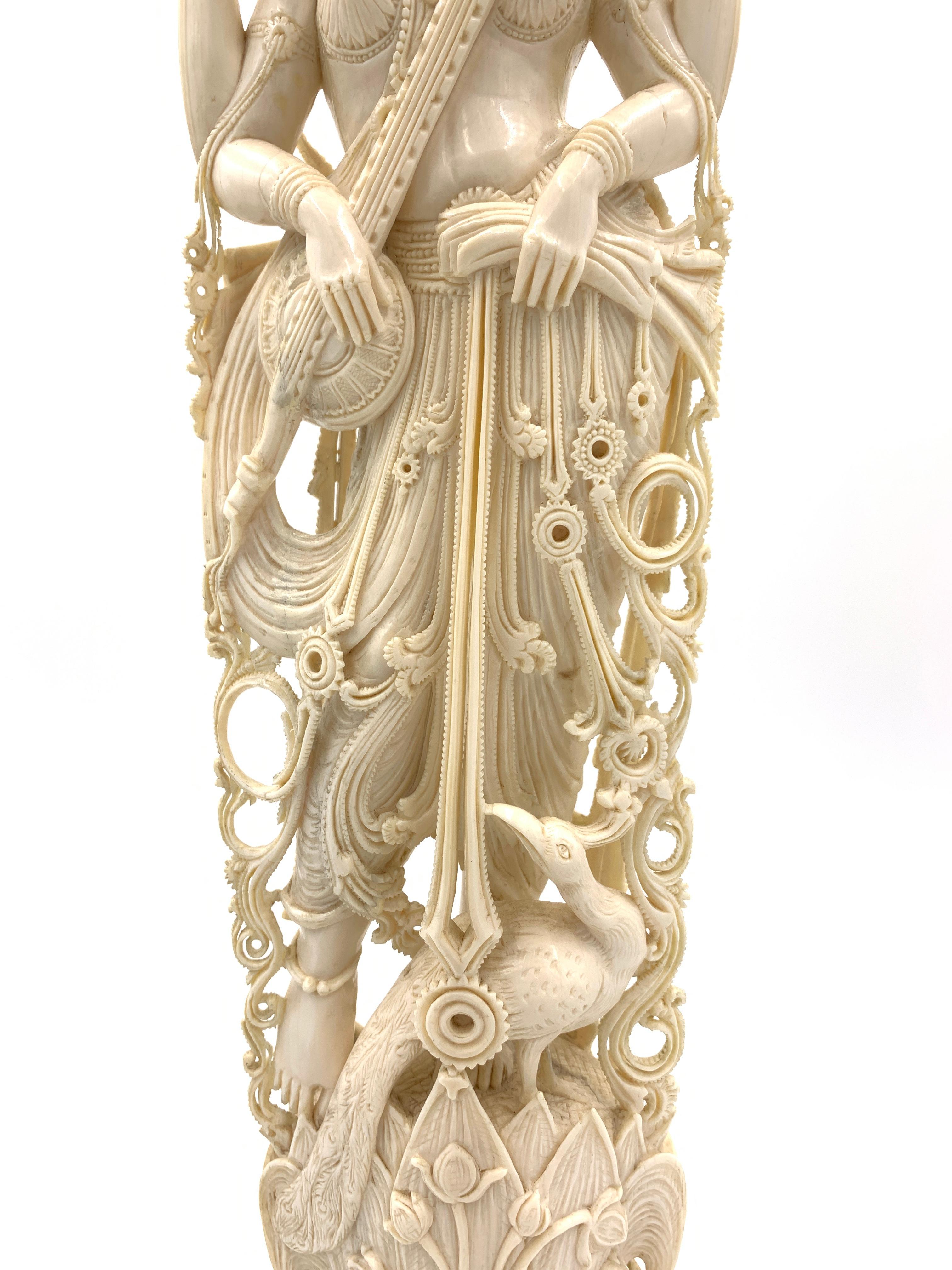19th Century Large Antique Deeply Carved Indian Ivory God Figure Saraswati