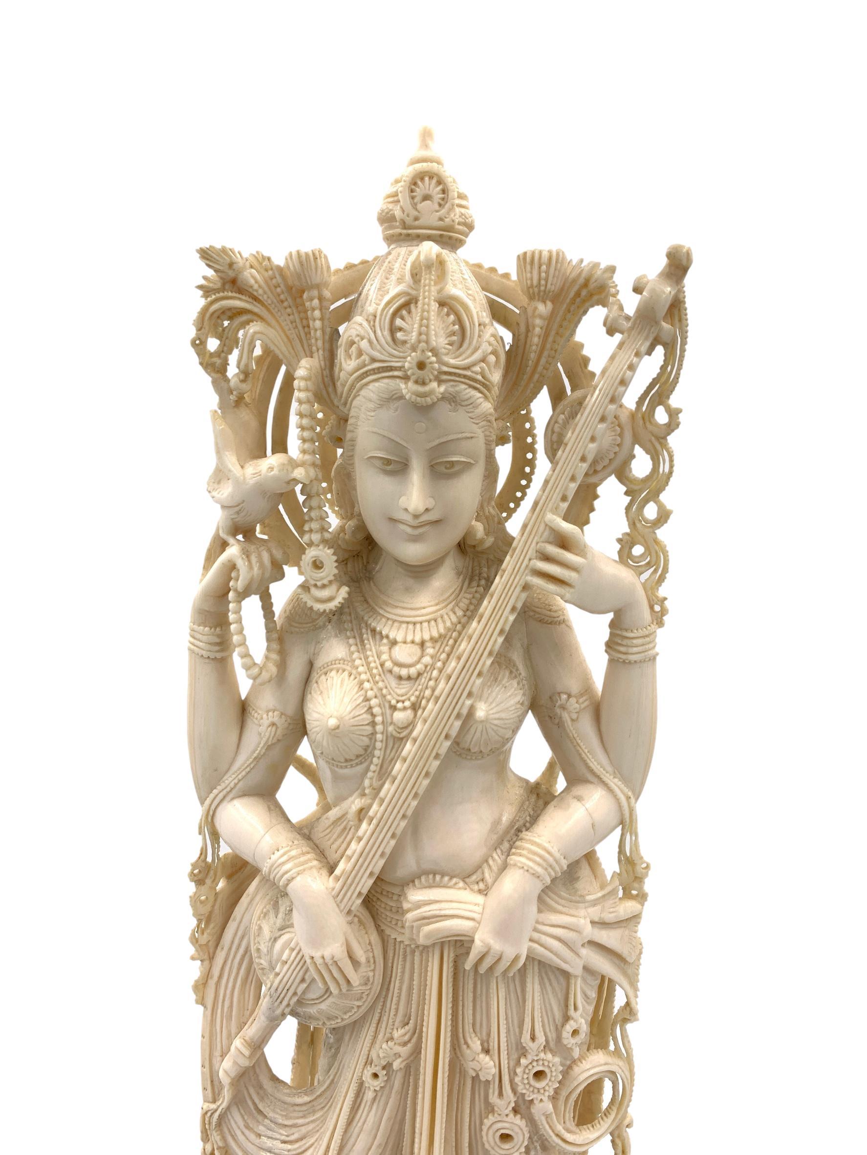 Large Antique Deeply Carved Indian Ivory God Figure Saraswati 4