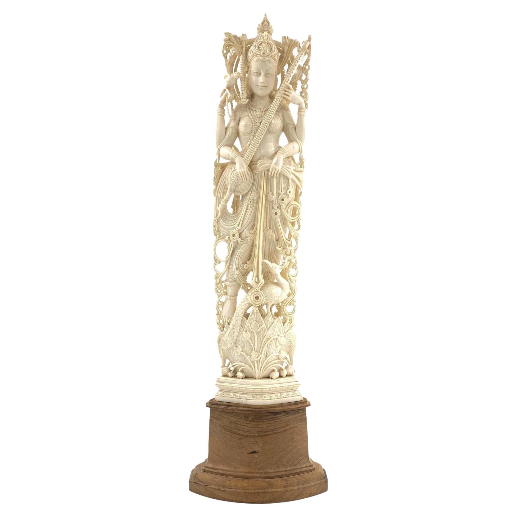 Large Antique Deeply Carved Indian Ivory God Figure Saraswati