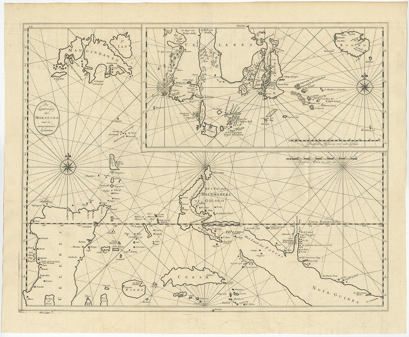 Matière ancienne intitulée 'De Landvoogdy der Moluccos met de aangrenzende Eylanden'. 

Grande carte détaillée d'une partie des îles aux épices. Il comprend Baru (Boero), Ambon, Seram et une partie de Maluku (Nova). Cette carte est tirée de 