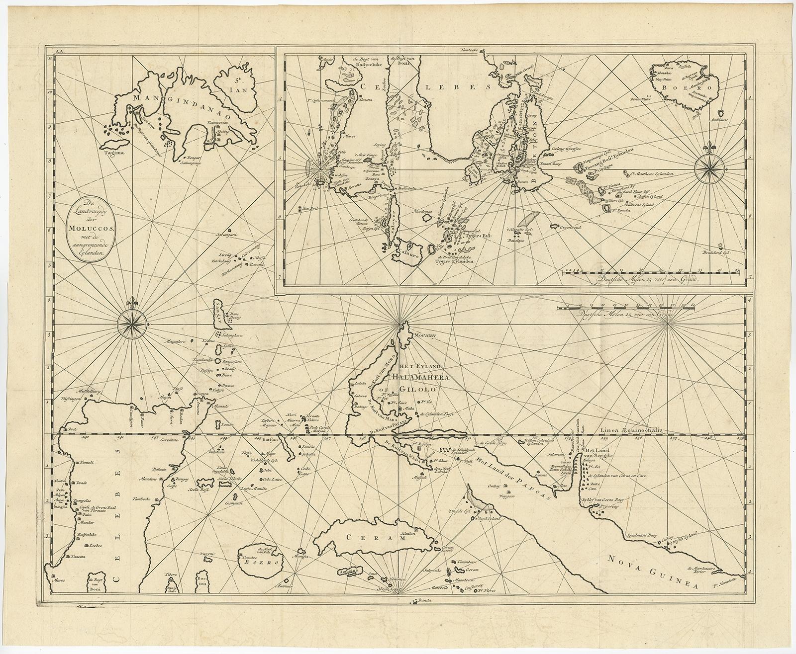 Antique matitled 'De Landvoogdy der Moluccos met de aangrenzende Eylanden'. 

Large detailed map of a part of the Spice Islands. It includes Baru (Boero), Ambon, Seram and part of Maluku (Nova Guinea). This map originates from 'Oud en Nieuw