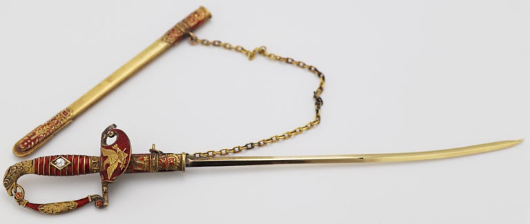 Large Antique Diamond, Enamel, Yellow Gold Sabre Jabot Pin with ...
